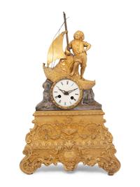 A Louis Philippe Parcel Gilt and Silvered Bronze Figural Mantel Clock
