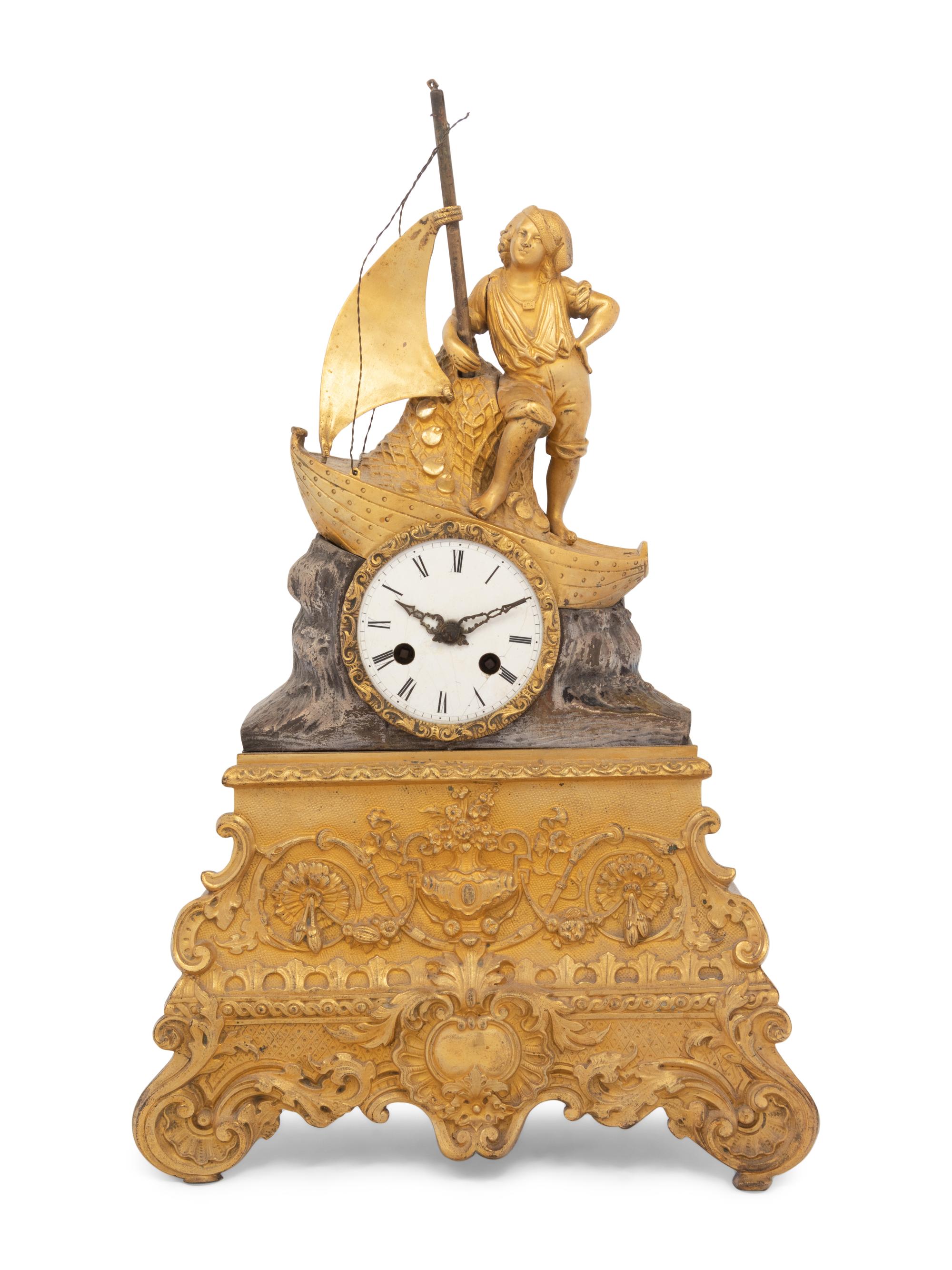 A Louis Philippe Parcel Gilt and Silvered Bronze Figural Mantel Clock