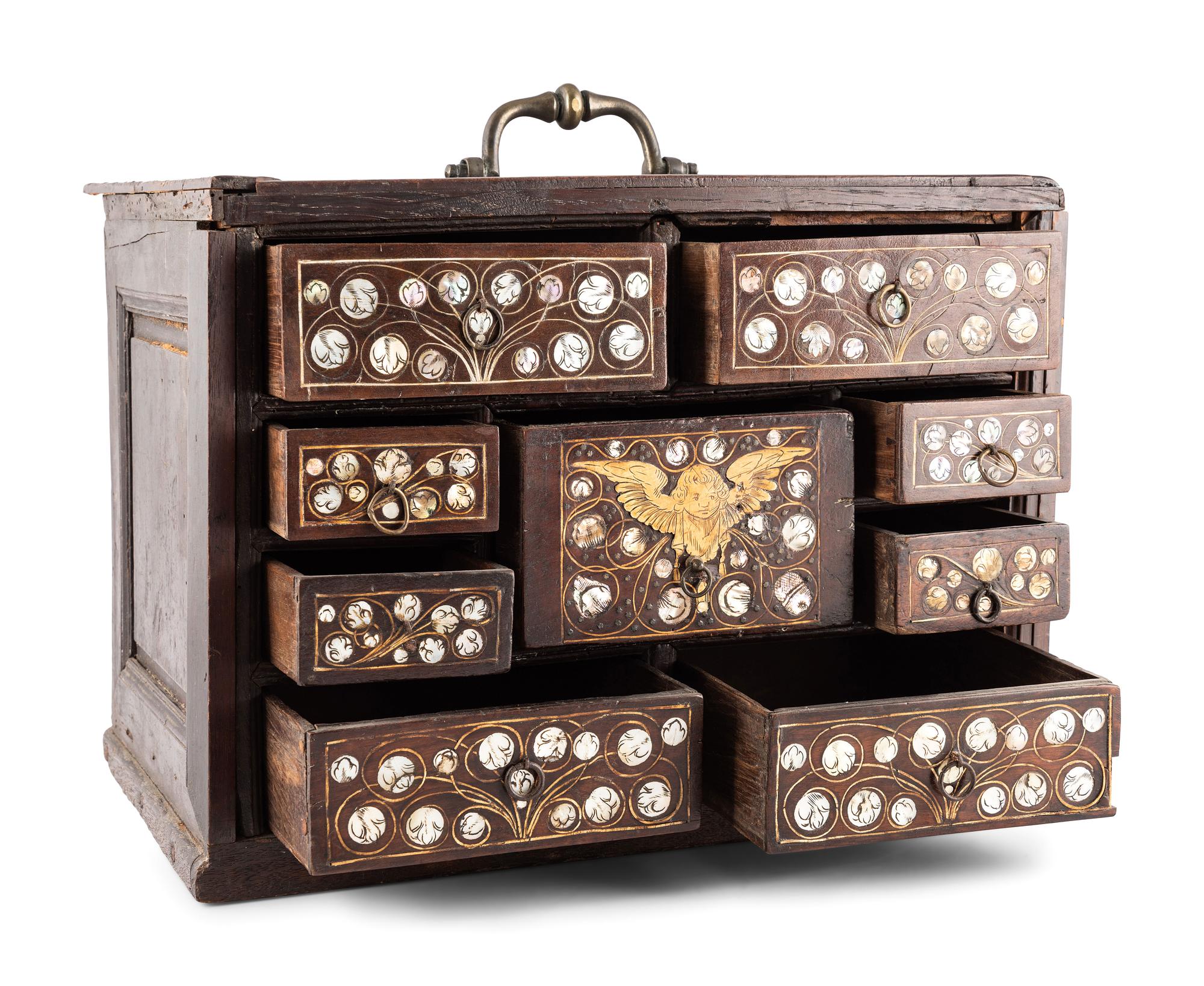 An English Walnut and Oak Mother of Pearl Inlaid Desk Cabinet