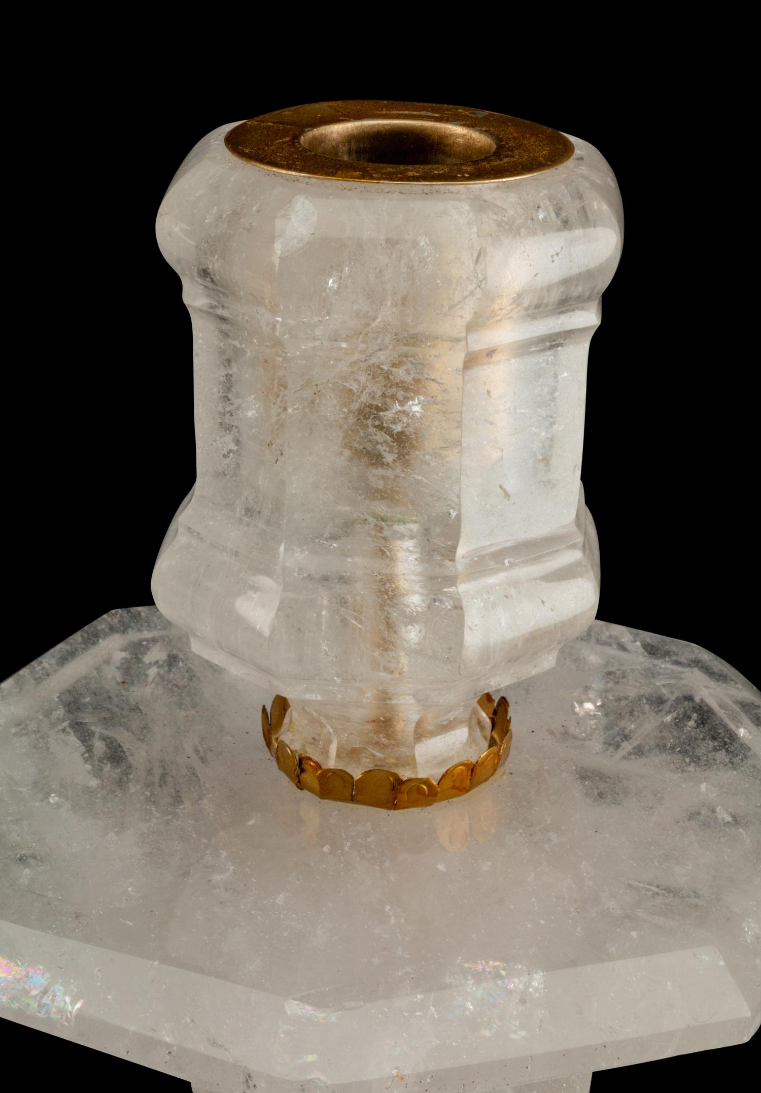 A Large Pair of Louis XVI Style Gilt-Metal-Mounted Rock Crystal Candlesticks