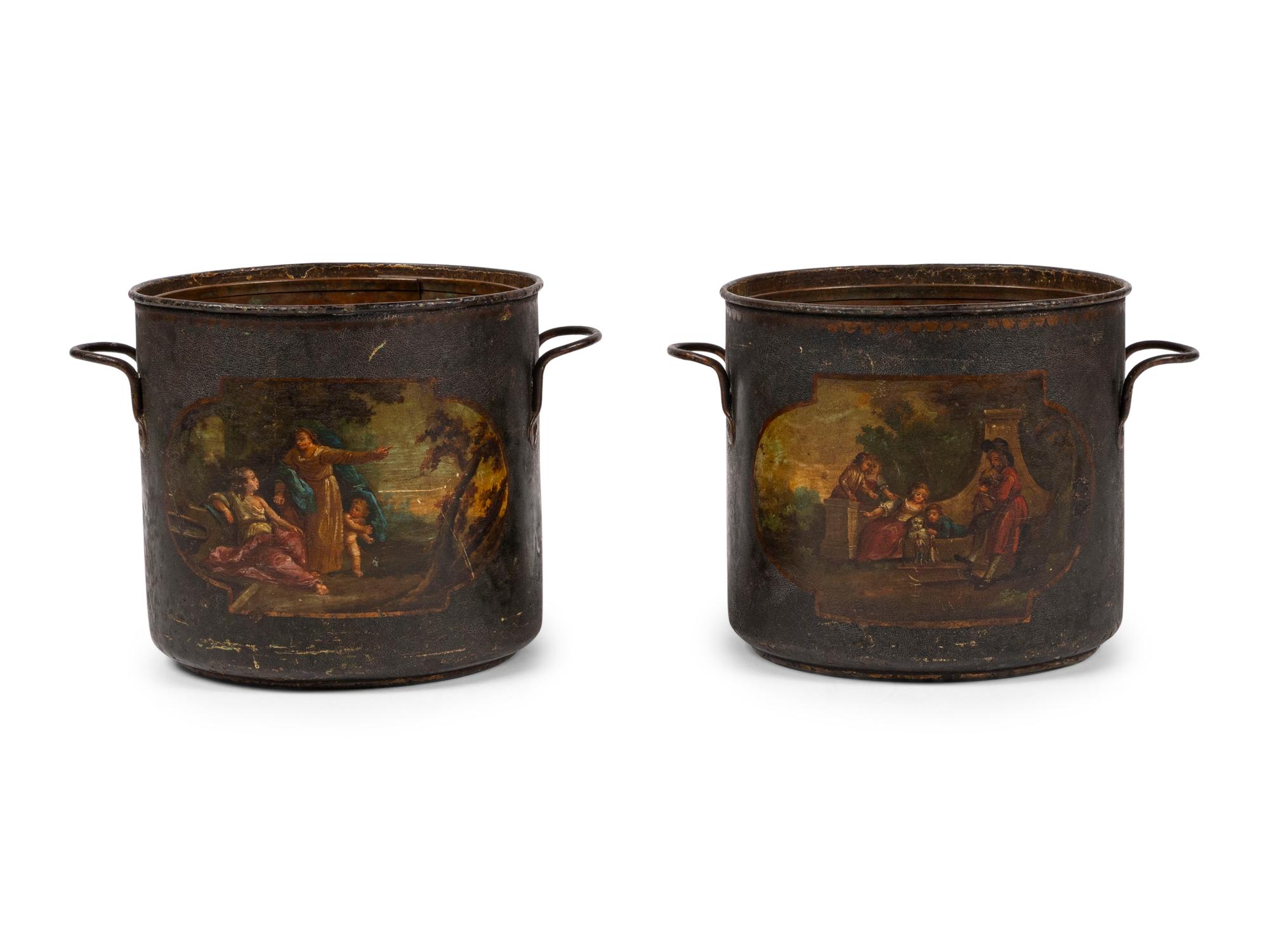 A Pair of French Painted Tole Cache Pots