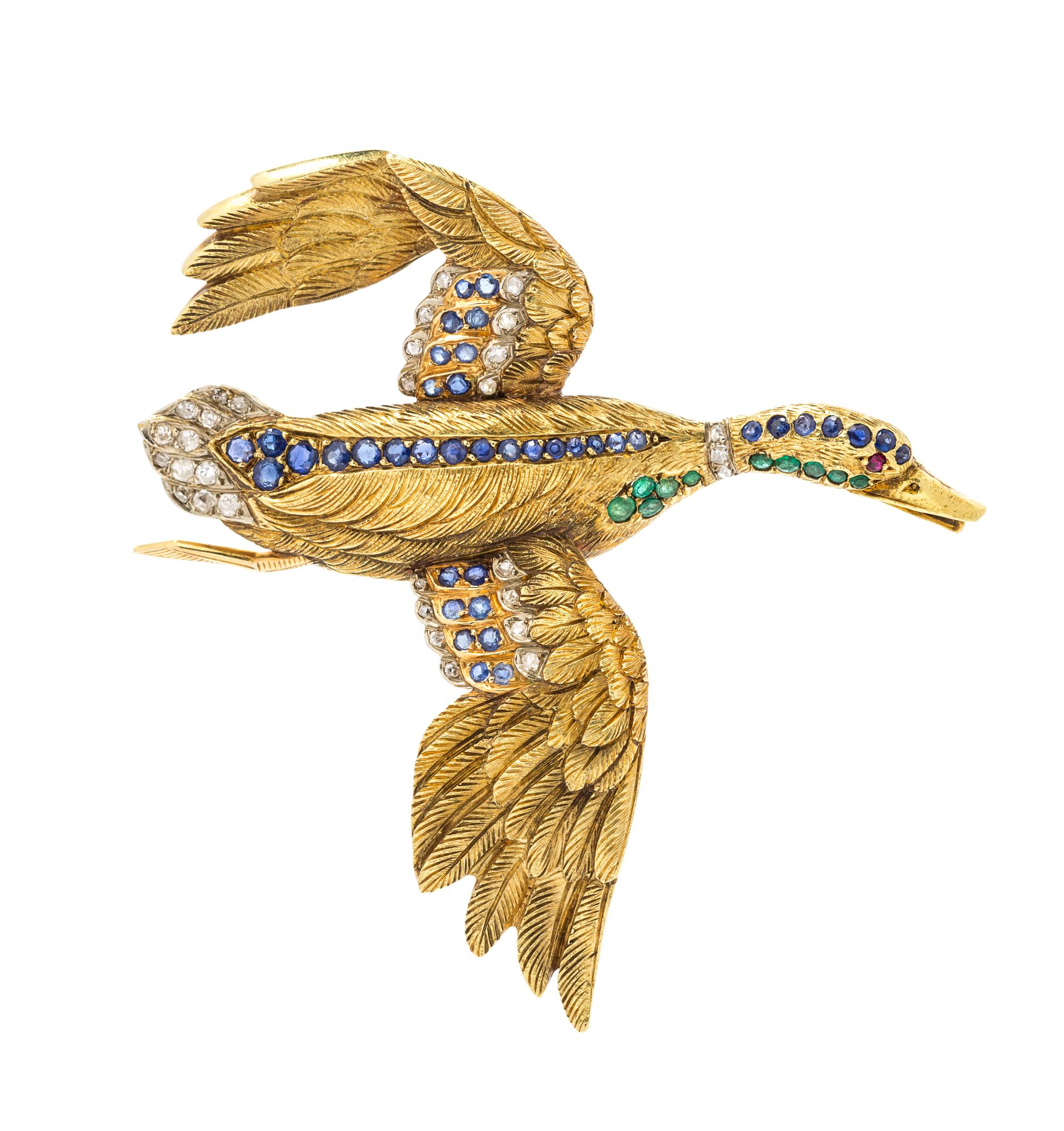 An 18 Karat Yellow Gold, Sapphire, Emerald, Ruby and Diamond "Goose in Flight" Brooch, Enrico Serafini, 18.00 dwts.