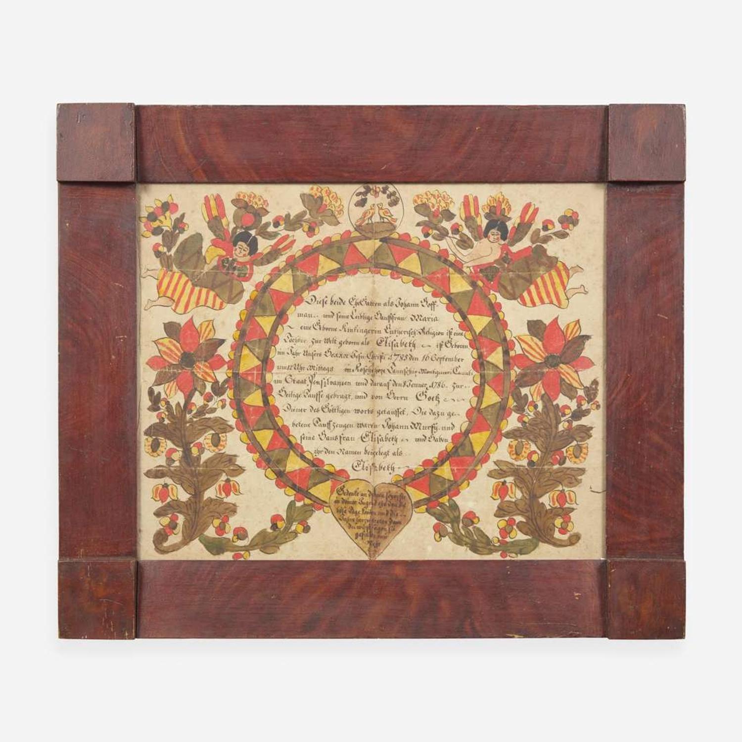 The Blowsy Angel Artist A Fraktur birth and baptism record for Elizabeth Hoff, dated "1785-1786"