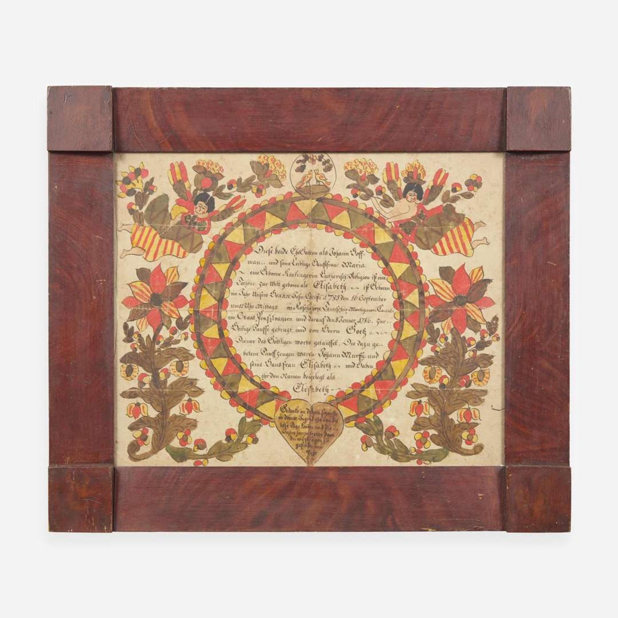The Blowsy Angel Artist A Fraktur birth and baptism record for Elizabeth Hoff, dated "1785-1786"