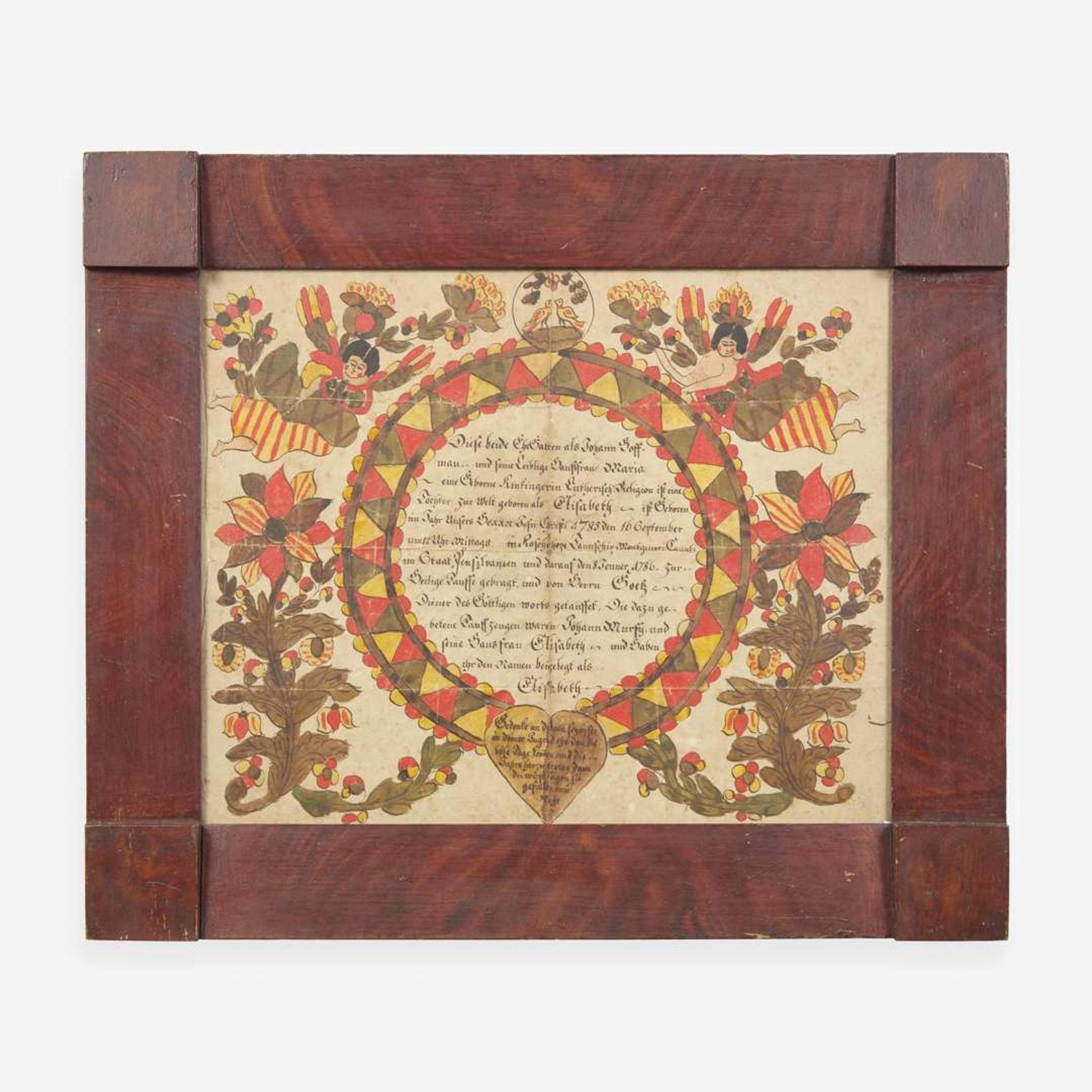 The Blowsy Angel Artist A Fraktur birth and baptism record for Elizabeth Hoff, dated "1785-1786"
