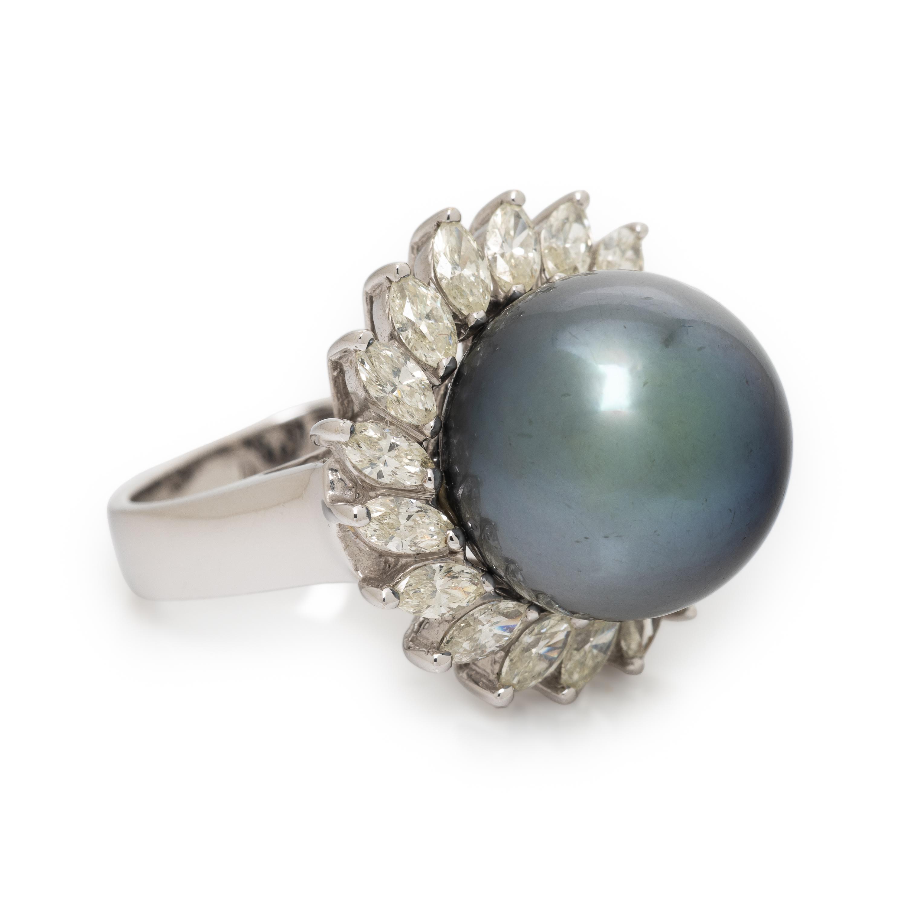 Gray Cultured Pearl, Diamond, and White Gold Ring