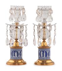 A Pair of Regency Brass and Jasperware Mounted Cut Glass Candlesticks