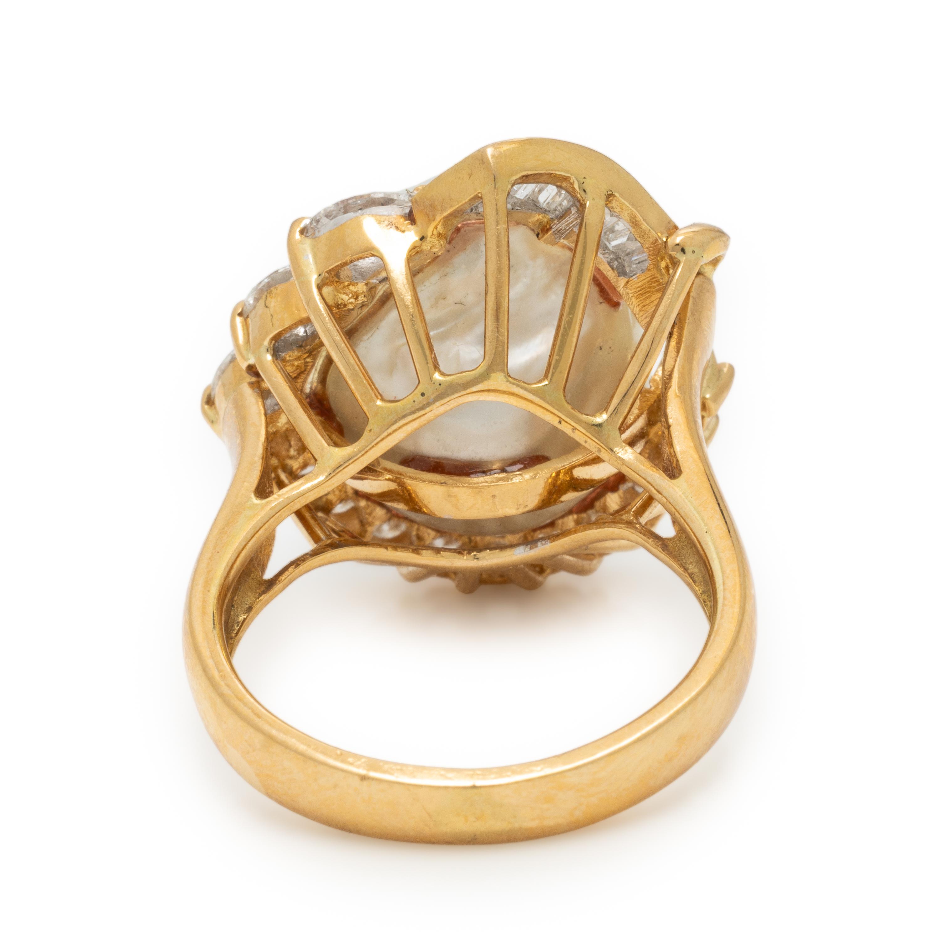 Cultured Pearl, Diamond, and Yellow Gold Ring