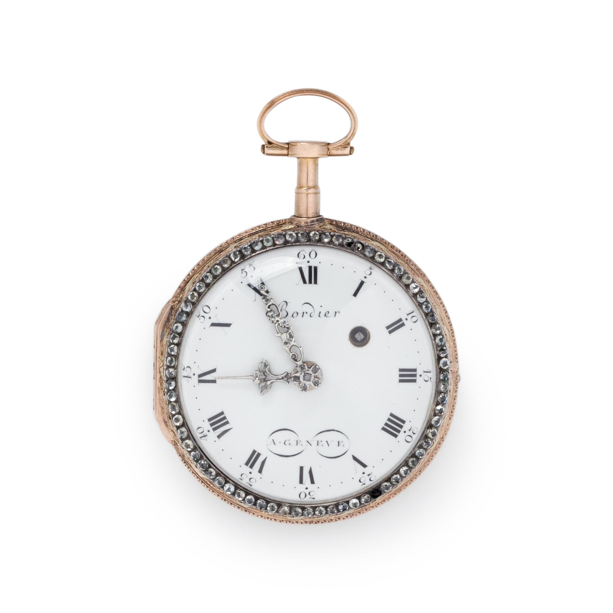 BORDIER, 18K PINK GOLD, PASTE AND ENAMEL OPEN FACE POCKET WATCH