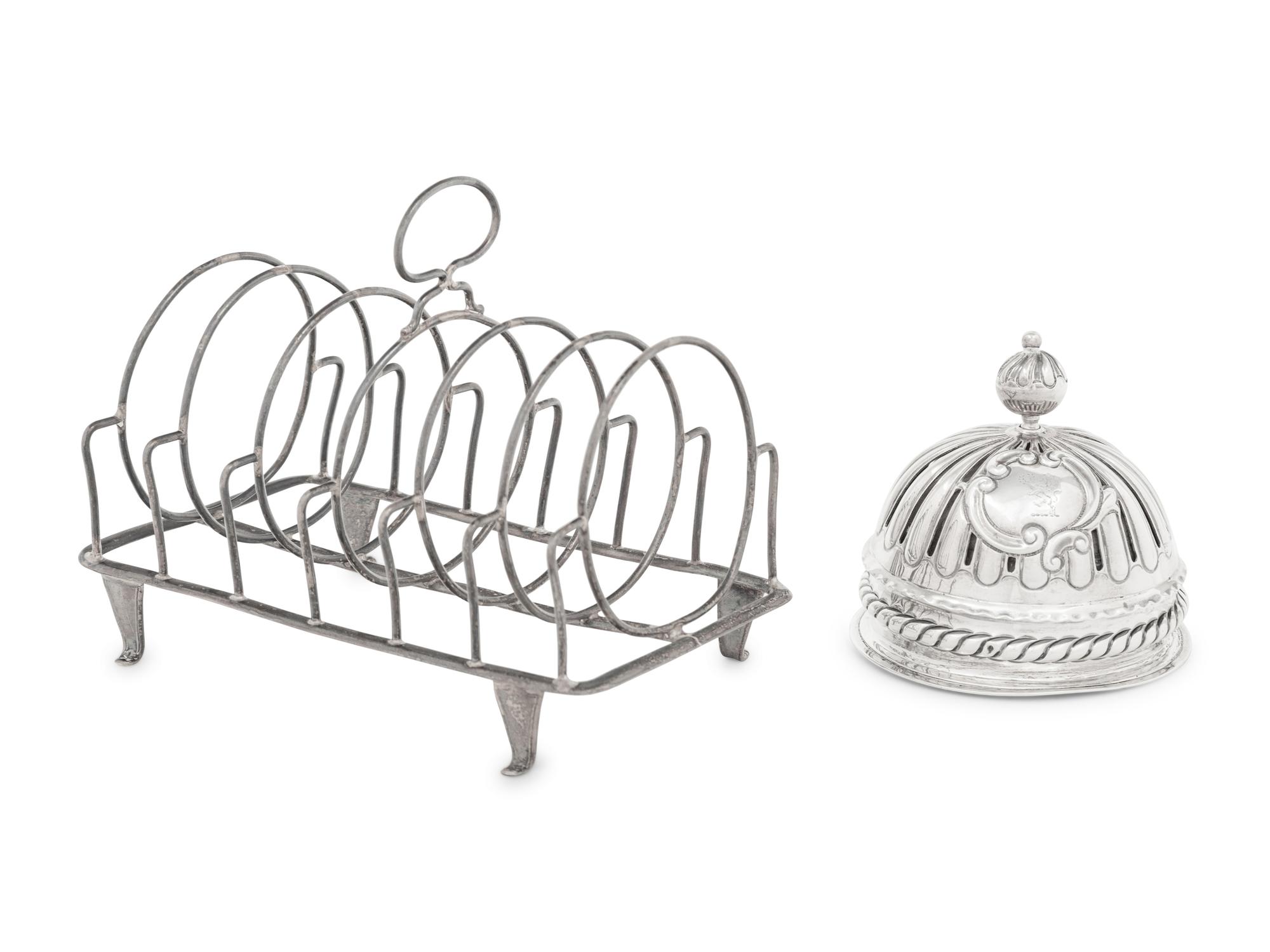 An English Silver Dinner Bell and Toast Rack