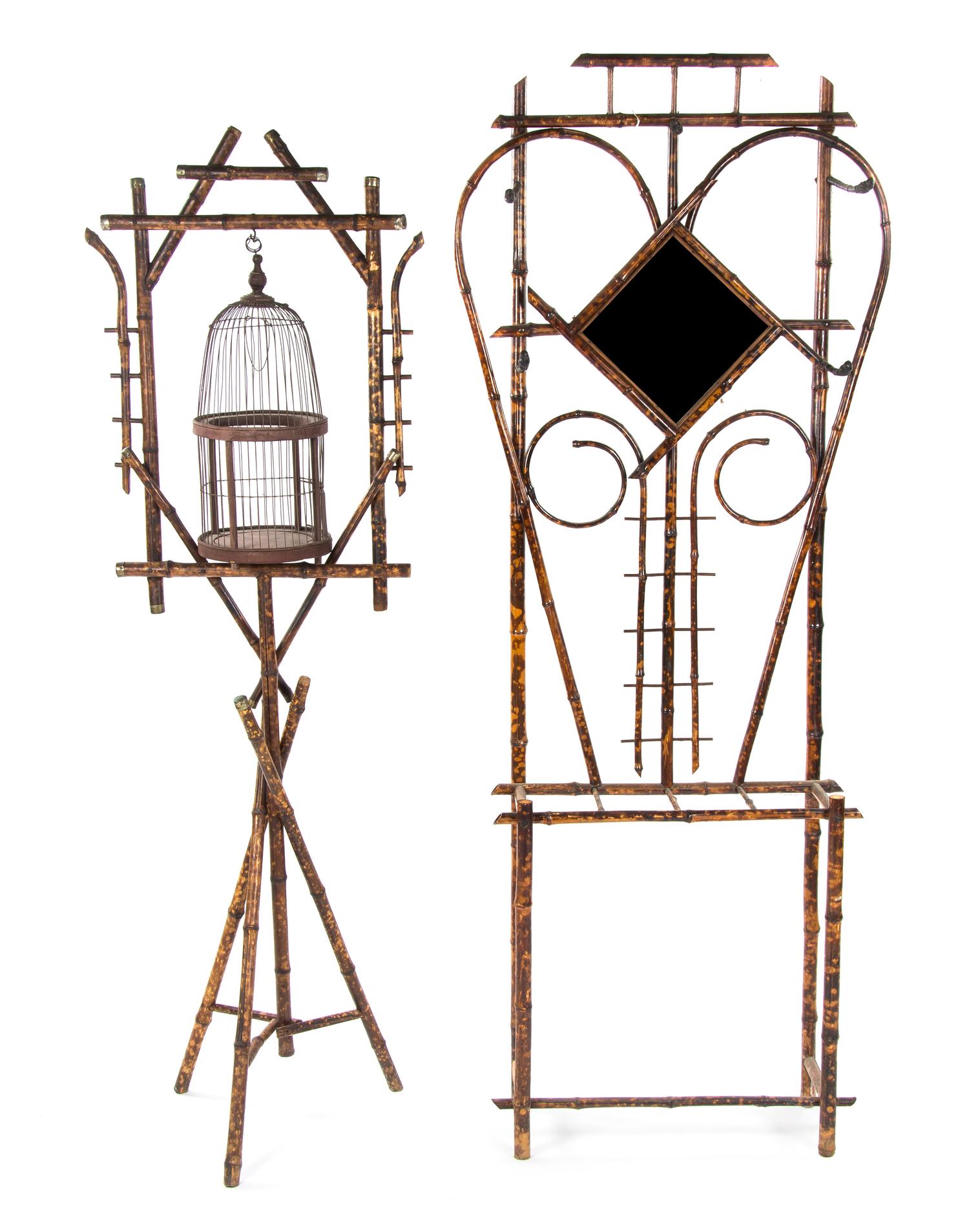 A Victorian Bamboo Hall Tree and Bird Cage on Stand, Height 76 x width 30 1/2 x depth 10 1/2 inches.