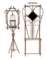A Victorian Bamboo Hall Tree and Bird Cage on Stand, Height 76 x width 30 1/2 x depth 10 1/2 inches.