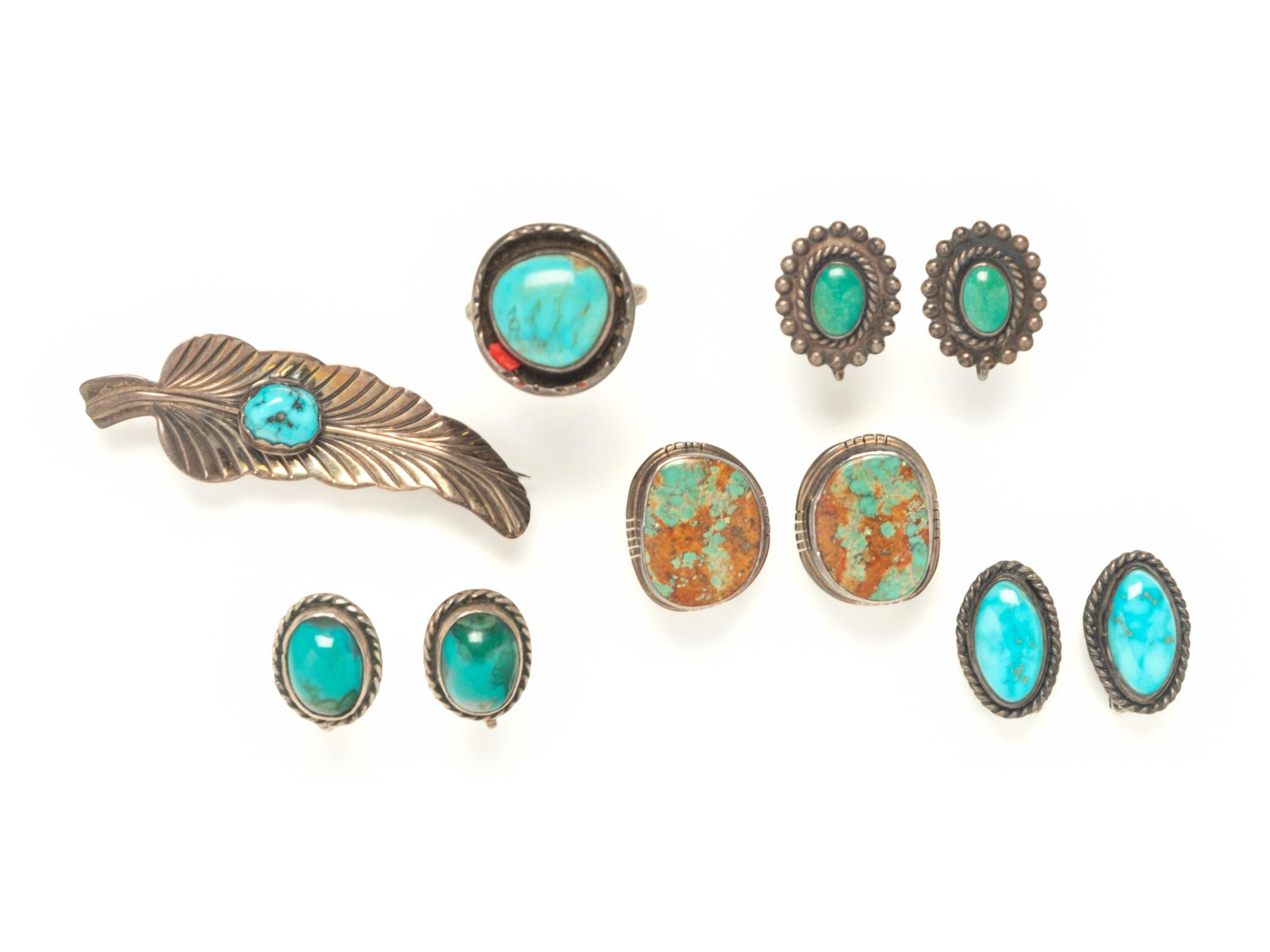 SIX PIECES OF SILVER AND TURQUOISE JEWELRY