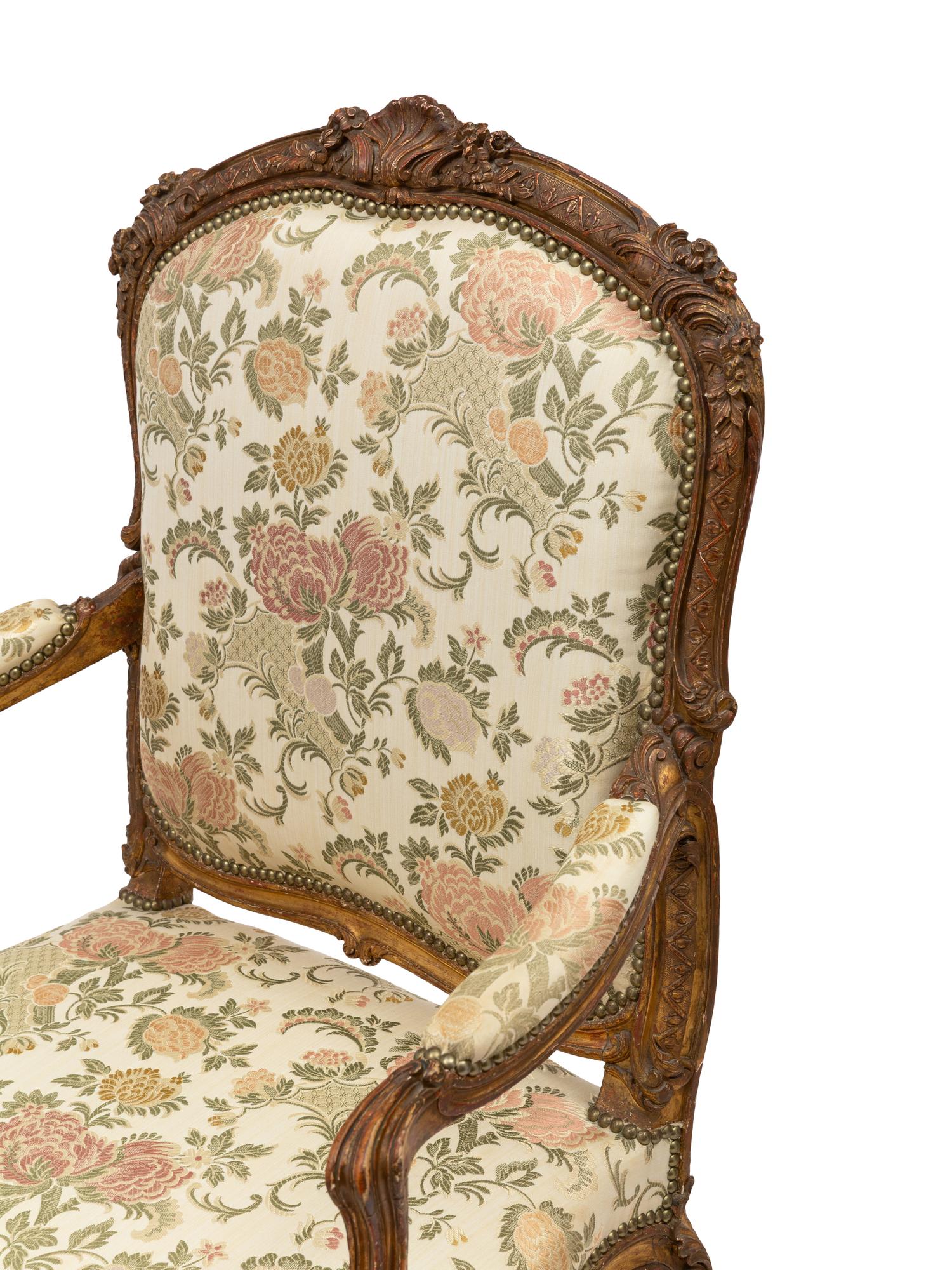 A Pair of Italian Rococo Style Giltwood Fauteuils
