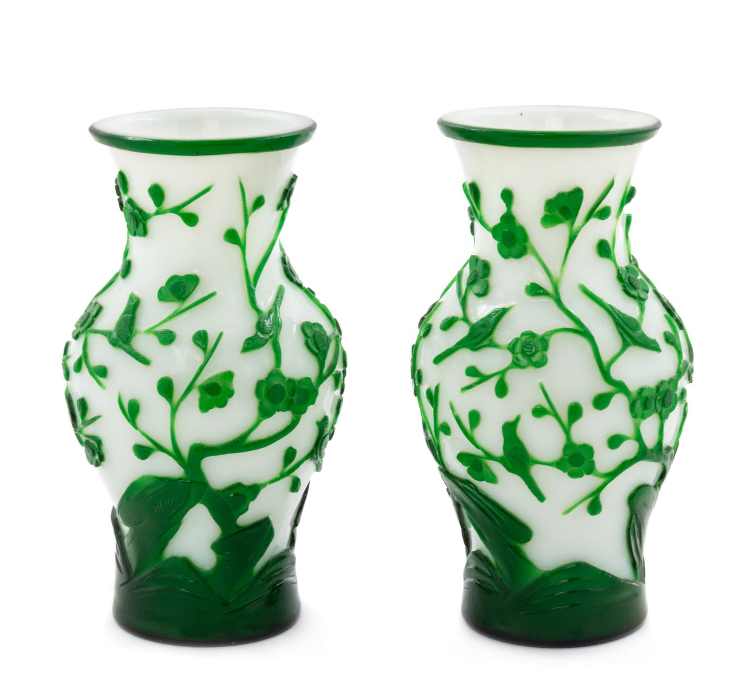 A Pair of Green Overlay White Peking Glass Vases Height 8 1/4 inches. — 19TH CENTURY