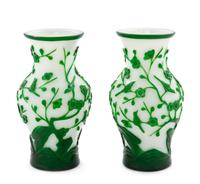 A Pair of Green Overlay White Peking Glass Vases Height 8 1/4 inches. — 19TH CENTURY