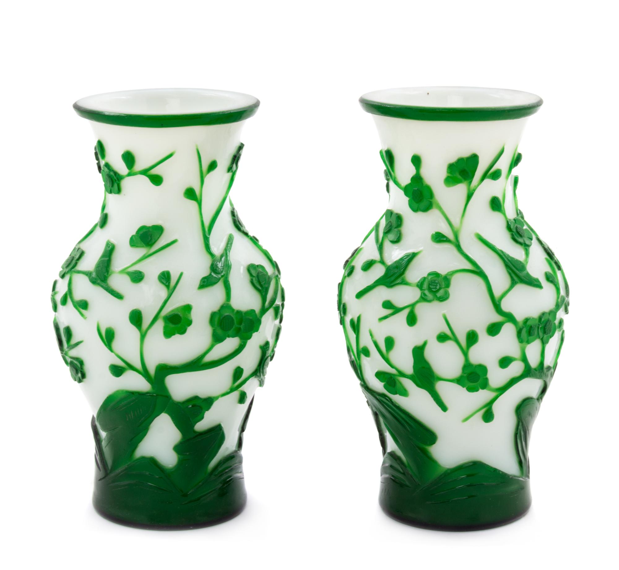 A Pair of Green Overlay White Peking Glass Vases Height 8 1/4 inches. — 19TH CENTURY