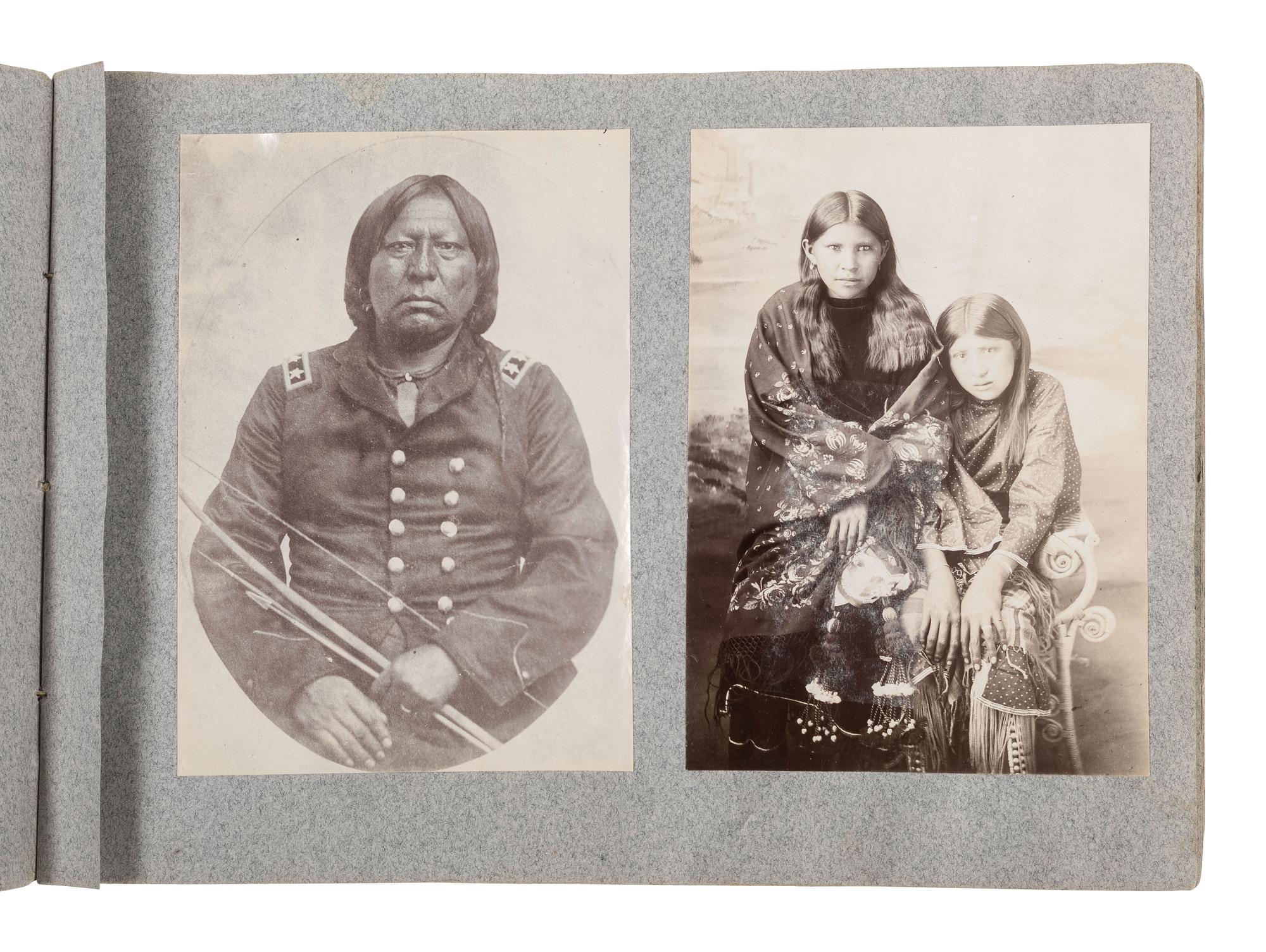 [NATIVE AMERICANS]. Album containing 25 photographs of Native American subjects from Indian Territory, incl. 2 images of Geronimo and works by Lenny & Sawyer and Will Soule.