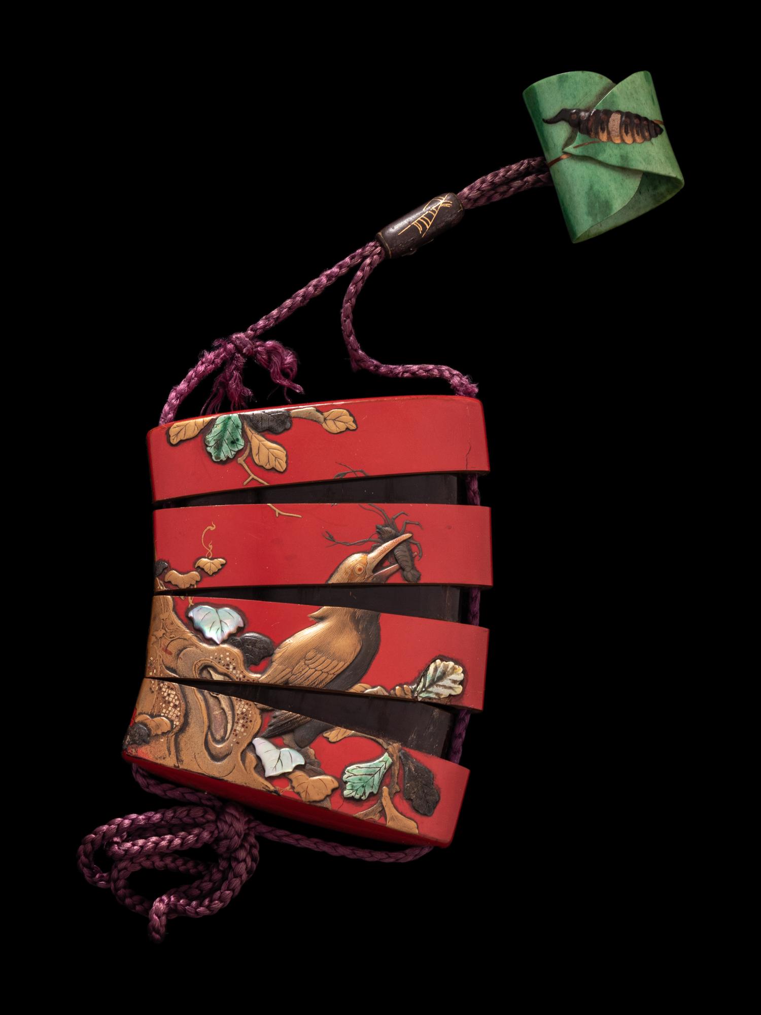 A Japanese Inlaid Gold and Red Lacquer Three-Case Inro