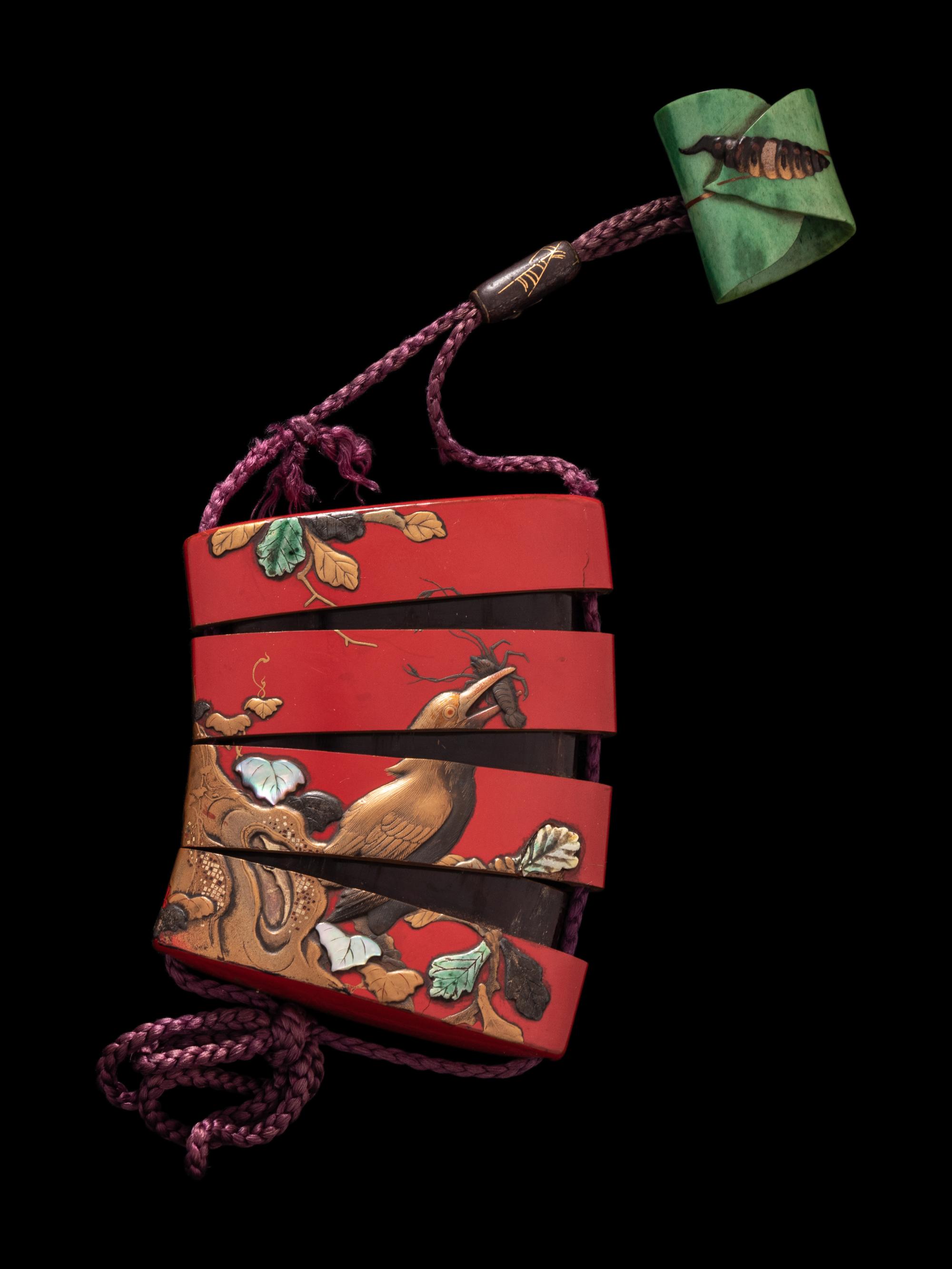 A Japanese Inlaid Gold and Red Lacquer Three-Case Inro