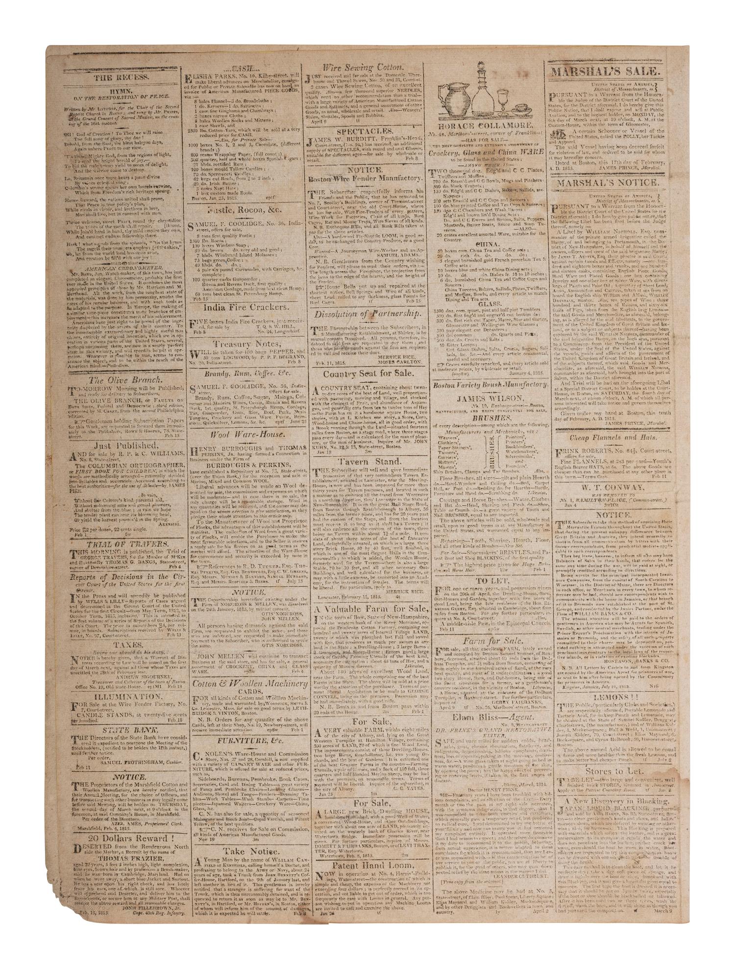 [WAR OF 1812]. Boston Patriot . No. 48, Vol. XIL. Boston, MA: Davis C. Ballard, 22 February 1815.