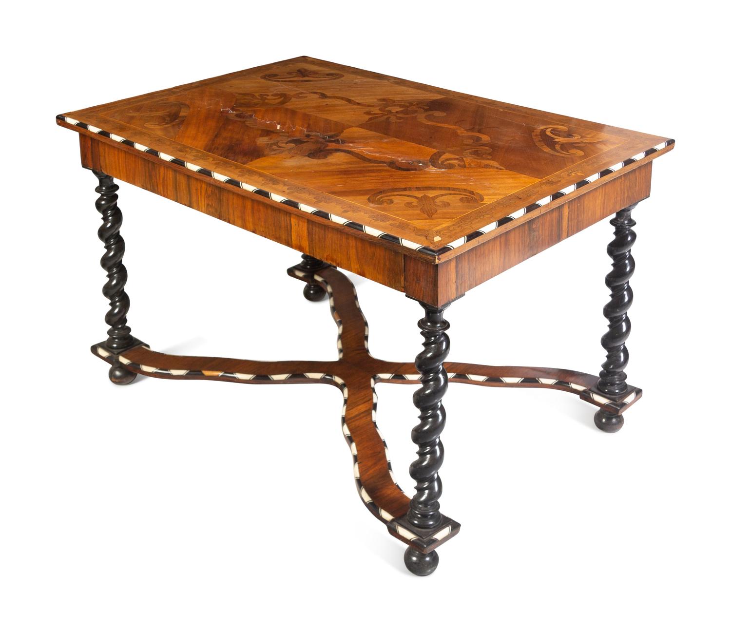 A Northern Italian Bone Inlaid Marquetry, Walnut and Ebony Center Table