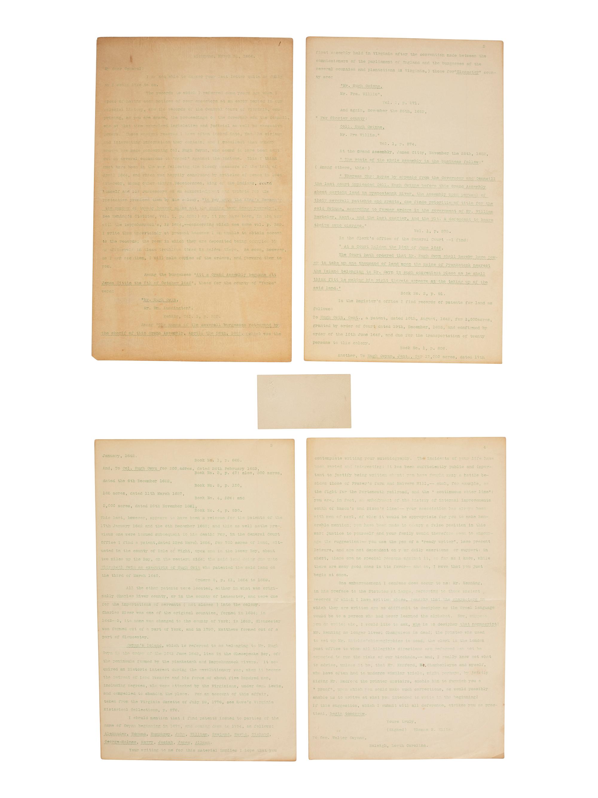 [CIVIL WAR] -- [CONFEDERATE]. Grouping associated with General Walter Gwynn (1802-1882), and his nephew Captain W.G. Turpin (1828-1874), both with service in the CSA Corps of Engineers.