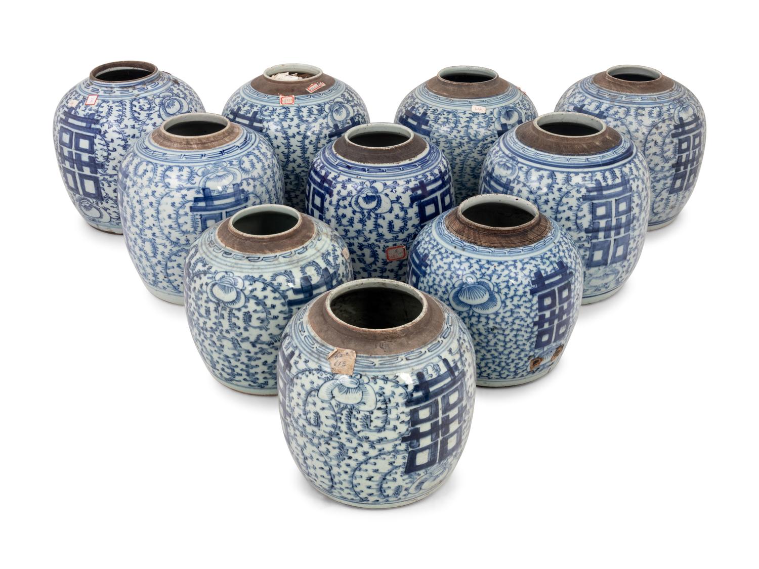 10 Chinese Blue and White Porcelain 'Double Happiness' Jars