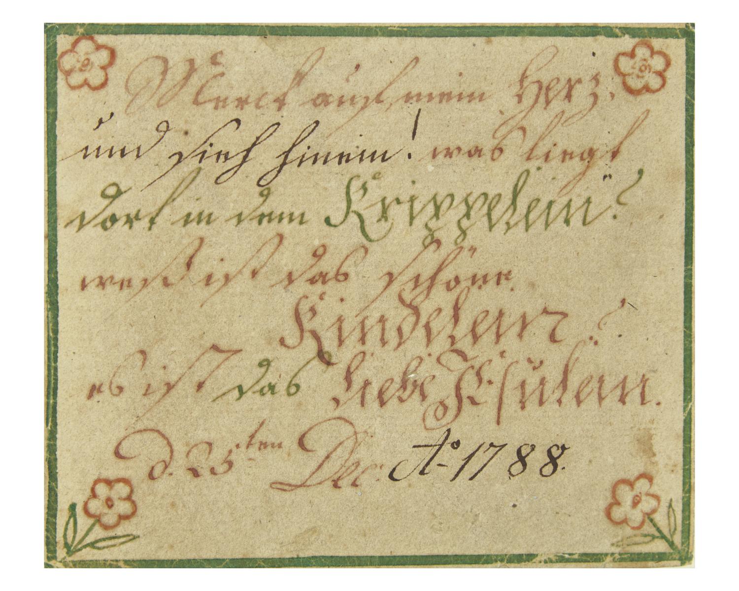 A Rare Moravian Fraktur Christmas Greeting, Attributed to the Christmas Card Artist, Probably Northampton County, Pennsylvania, Dated "1788"