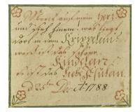 A Rare Moravian Fraktur Christmas Greeting, Attributed to the Christmas Card Artist, Probably Northampton County, Pennsylvania, Dated "1788"