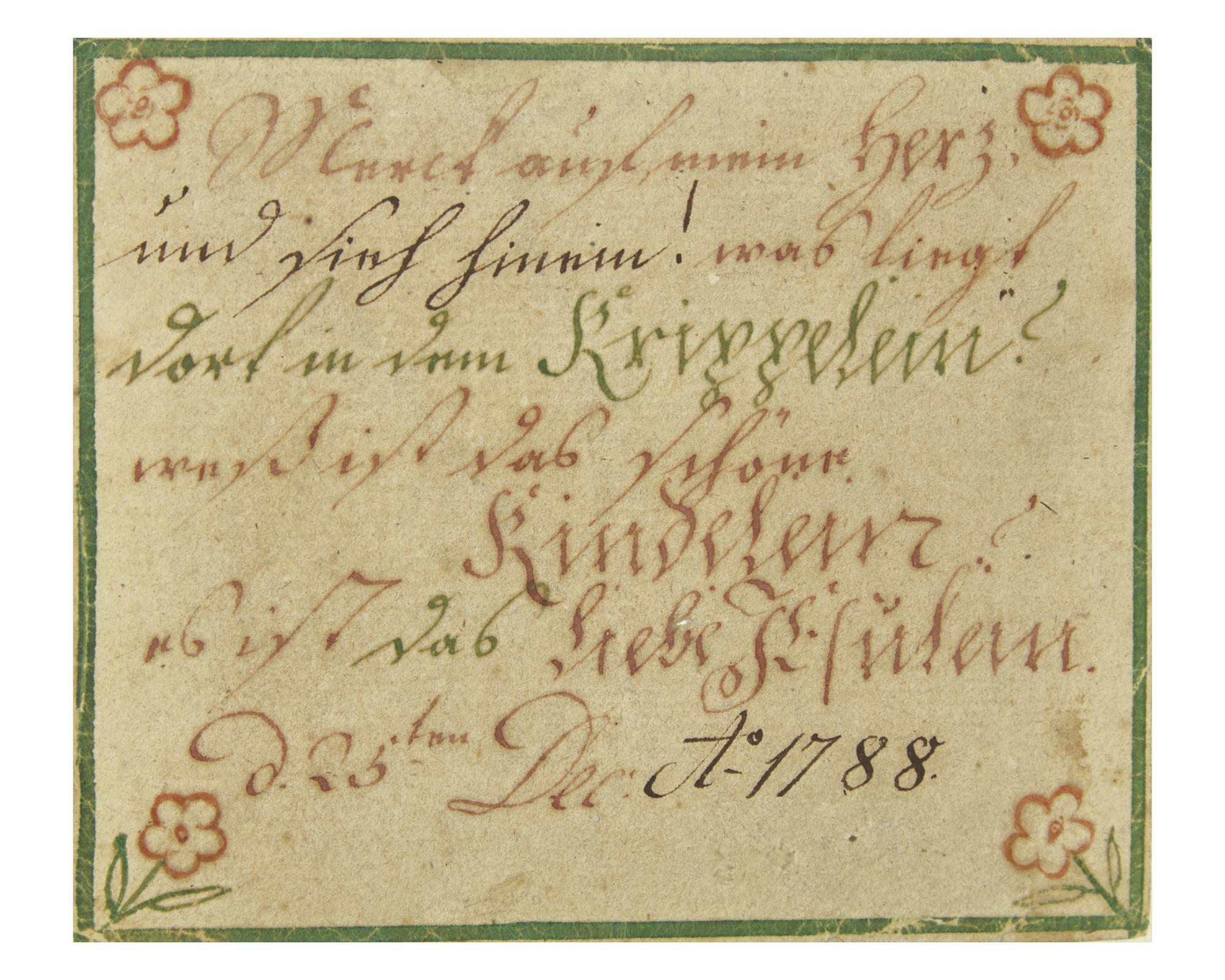 A Rare Moravian Fraktur Christmas Greeting, Attributed to the Christmas Card Artist, Probably Northampton County, Pennsylvania, Dated "1788"