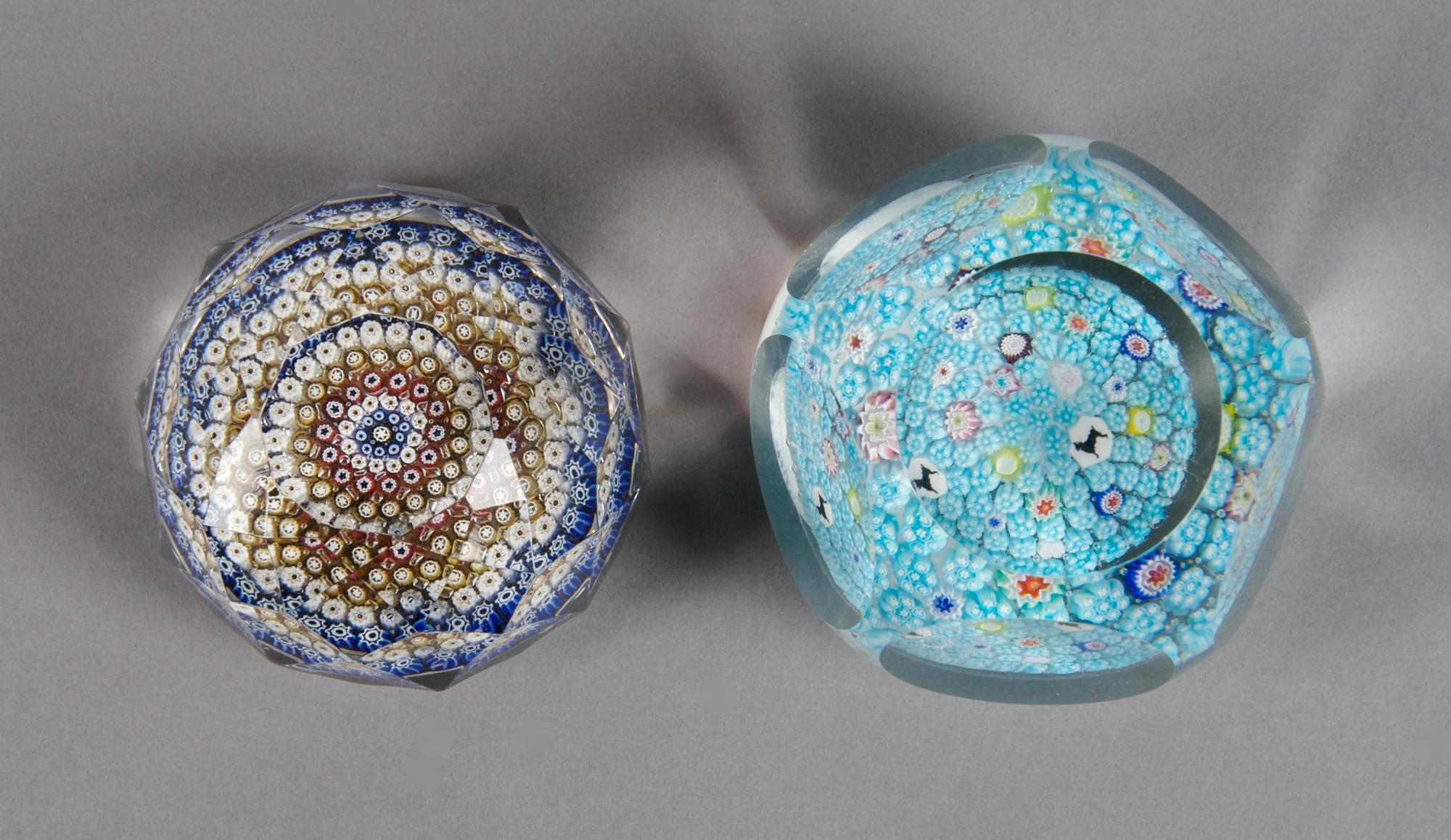 A Collection of Two Faceted Paperweights, Diameter of largest 3 1/2 inches.