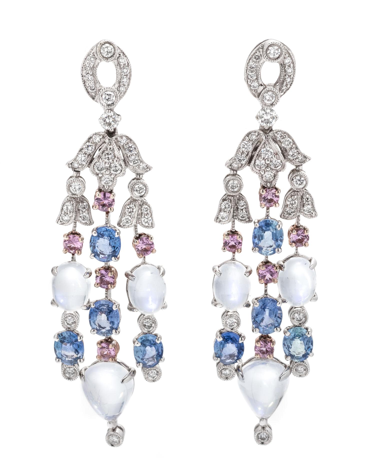 DIAMOND, MOONSTONE AND SAPPHIRE EARCLIPS