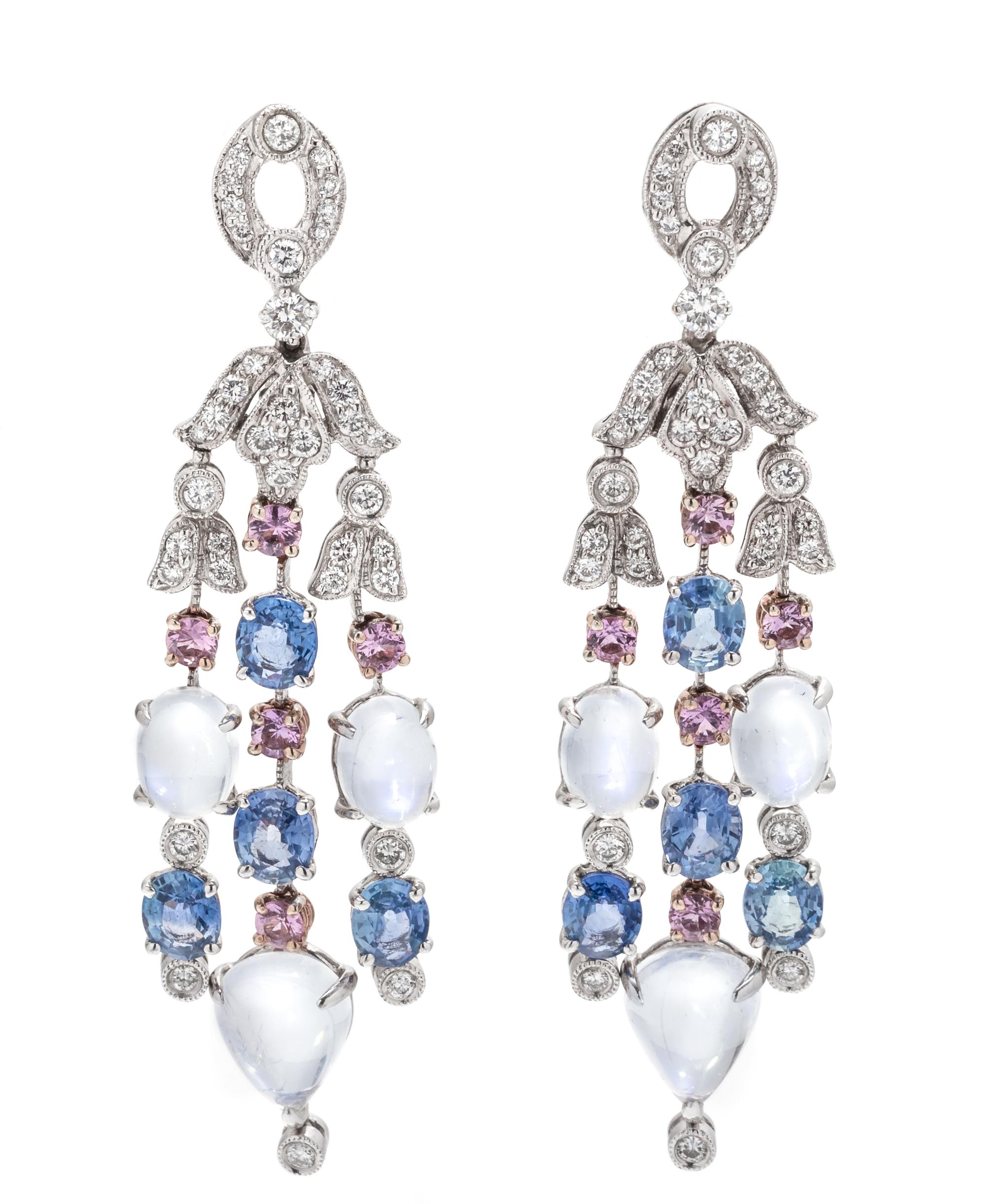 DIAMOND, MOONSTONE AND SAPPHIRE EARCLIPS
