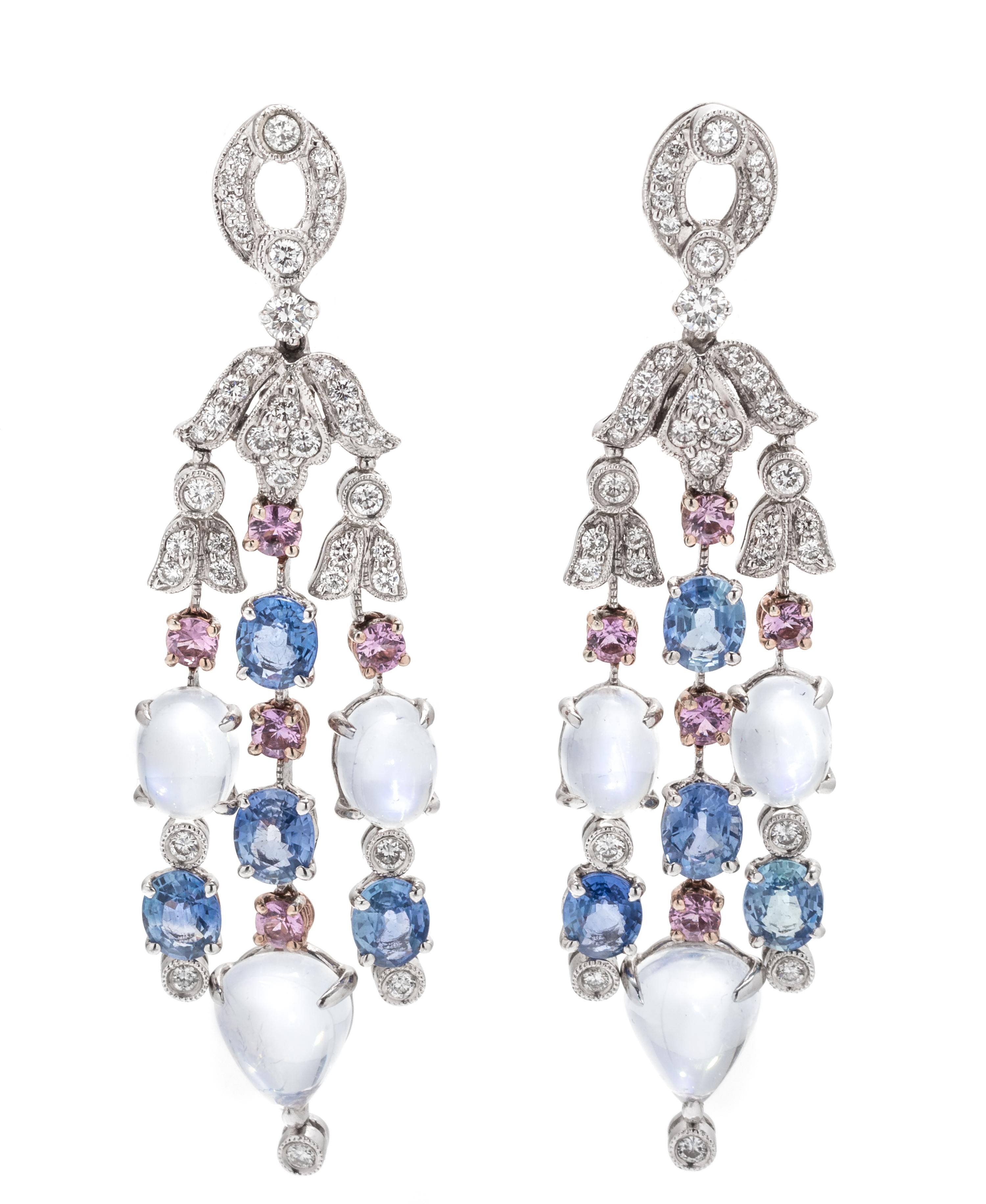 DIAMOND, MOONSTONE AND SAPPHIRE EARCLIPS