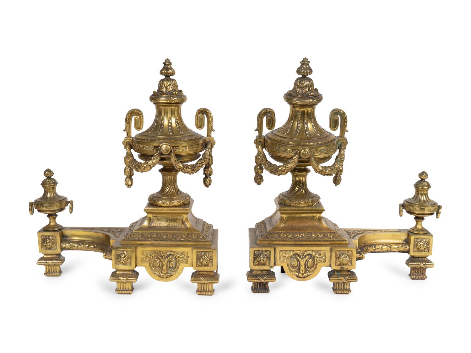 A Pair of Louis XVI Style Gilt Bronze Urn-Form Chenets — 19TH CENTURY