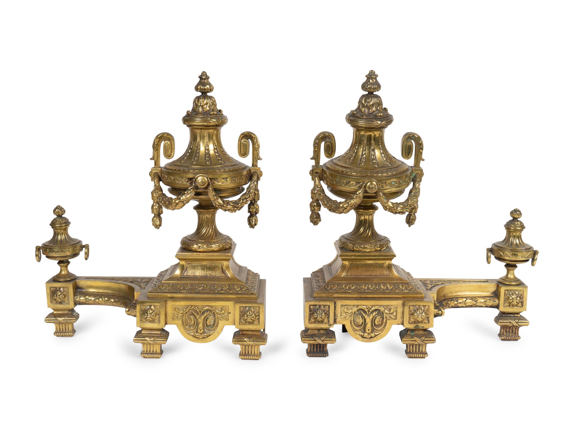 A Pair of Louis XVI Style Gilt Bronze Urn-Form Chenets — 19TH CENTURY