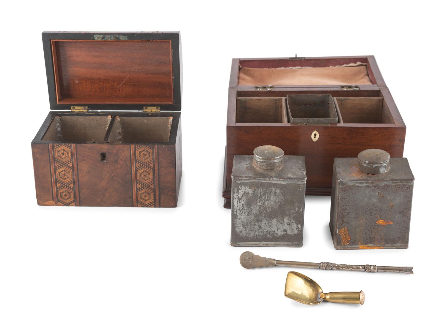 Four English Mahogany Inlaid Tea Caddies