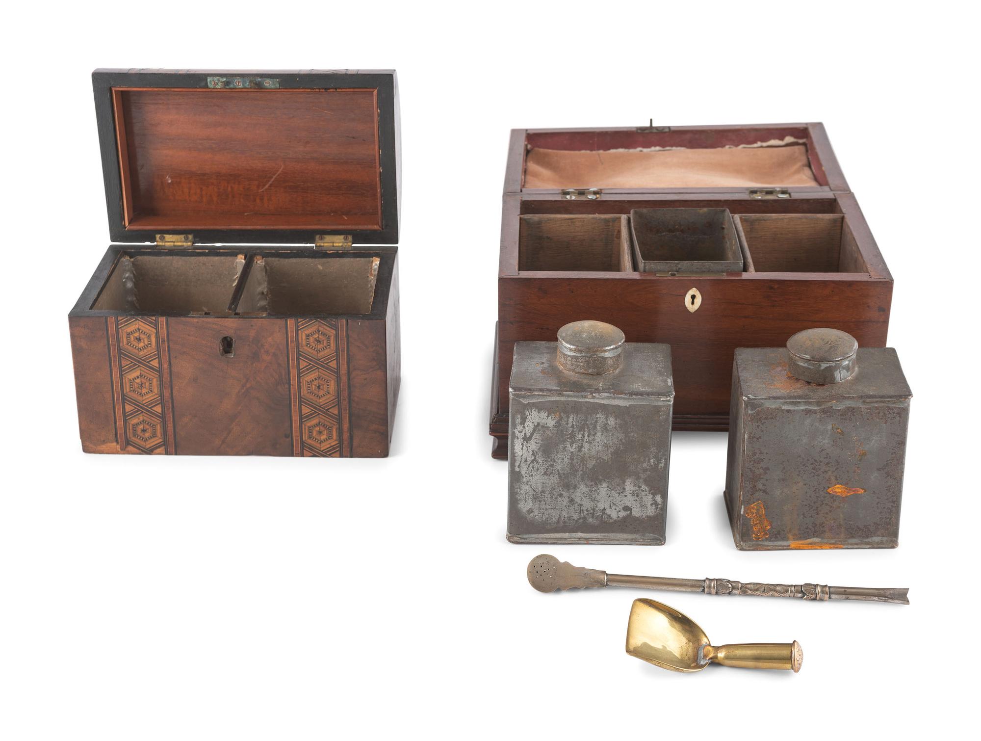 Four English Mahogany Inlaid Tea Caddies
