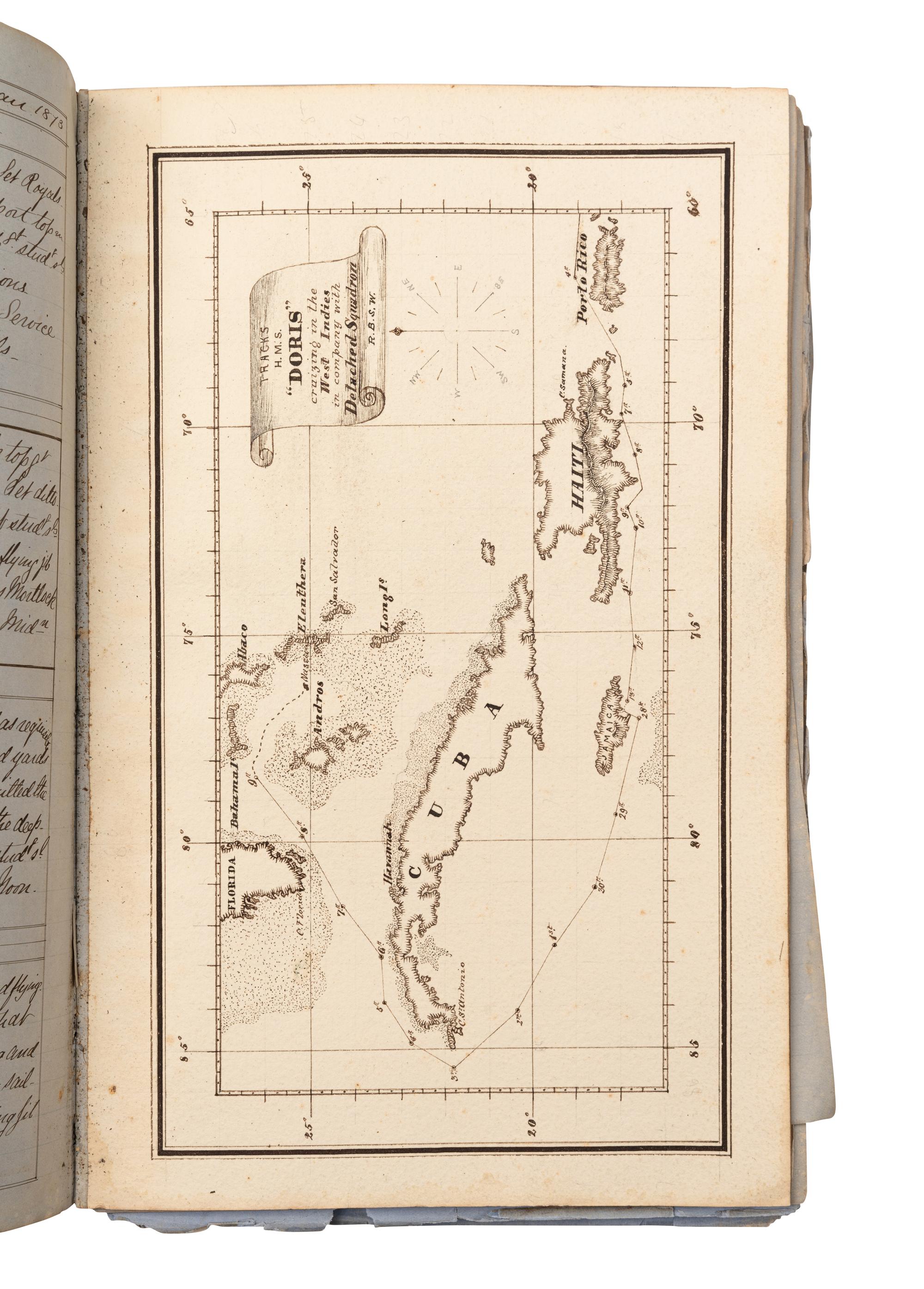 [NAVAL -- MANUSCRIPTS]. WREY, R. “Logs of HMS ‘Duke of Wellington’ Captain G. Hancock / ‘Inconstant’ Captain C. L. D. Waddilove. / ‘Doris’ Captain W. H. Edye…kept by R. Wrey [signed], Midshipman.” [1870-1876].
