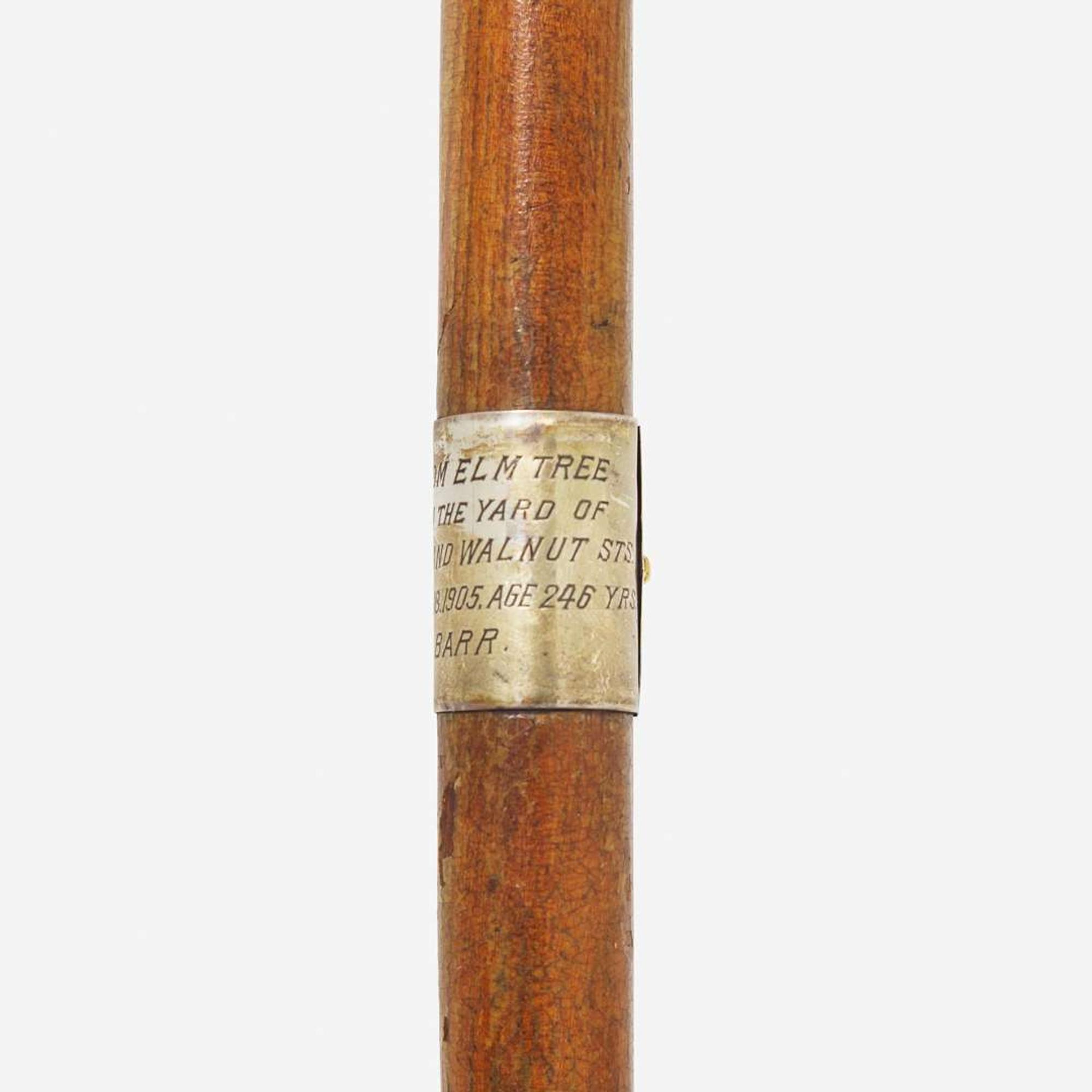 A silver-mounted elm walking stick made from the Dundas-Lippincott Elm, Philadelphia, Pennsylvania Dated, "1905"