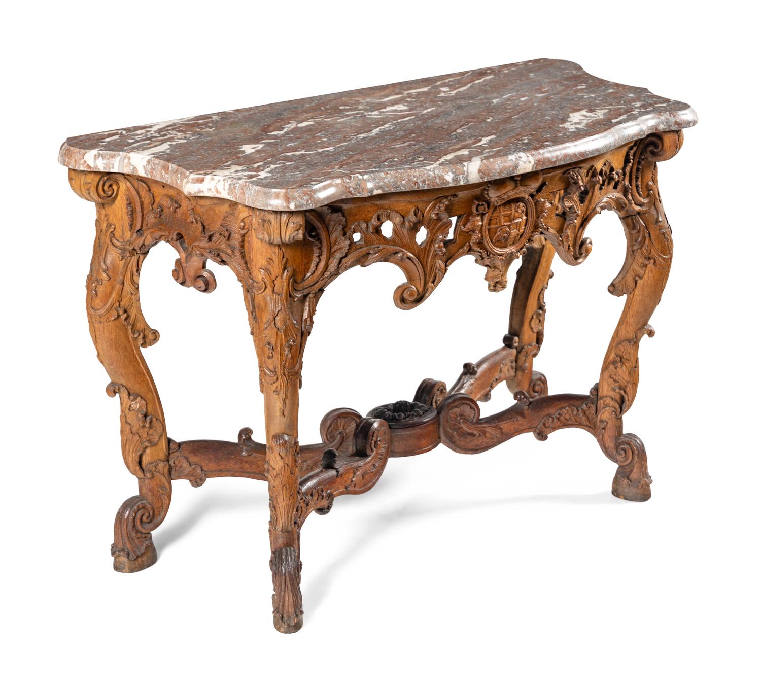 A Pair of Régence Carved Oak Marble-Top Console Tables