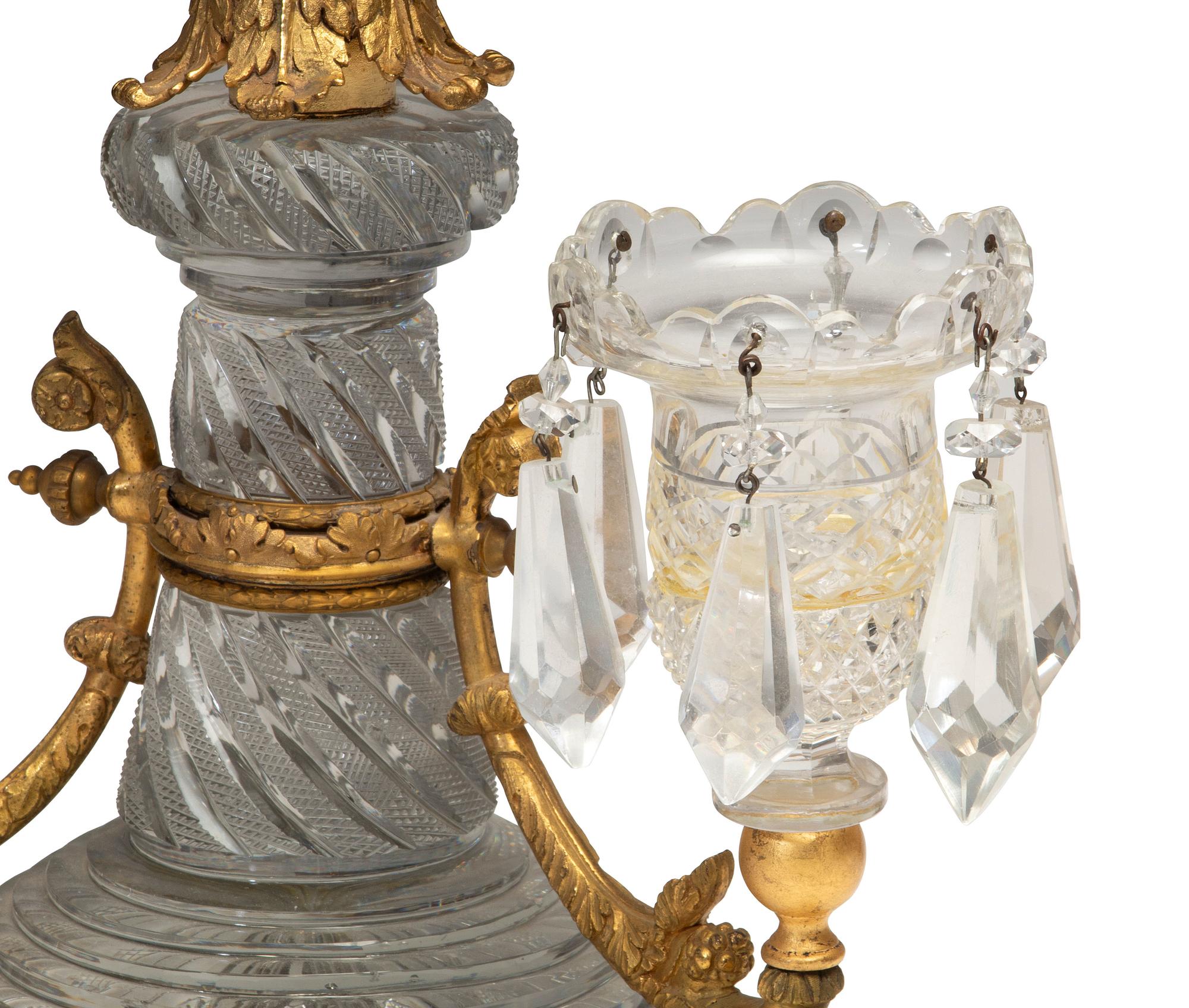 A Pair of Regency Gilt Bronze and Cut Glass Twin-Light Candelabra