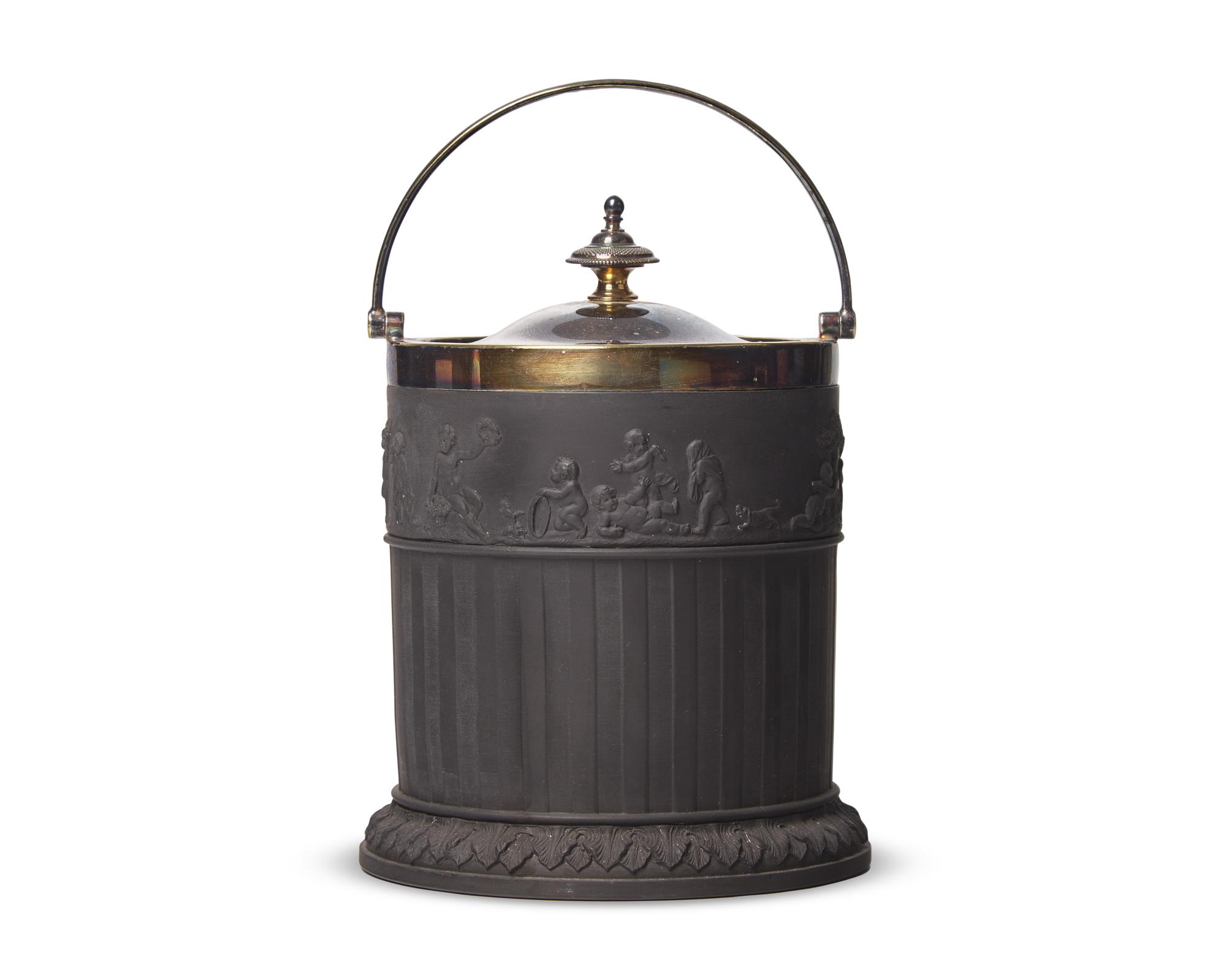 A Wedgwood Silver-Mounted Black Basalt Biscuit Jar