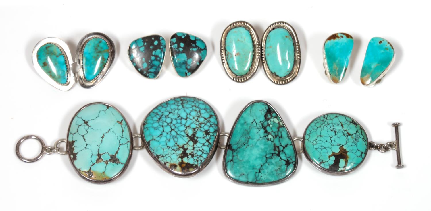 Collection of Southwestern Silver and Turquoise Jewelry Length of bracelet 6 3/4 inches