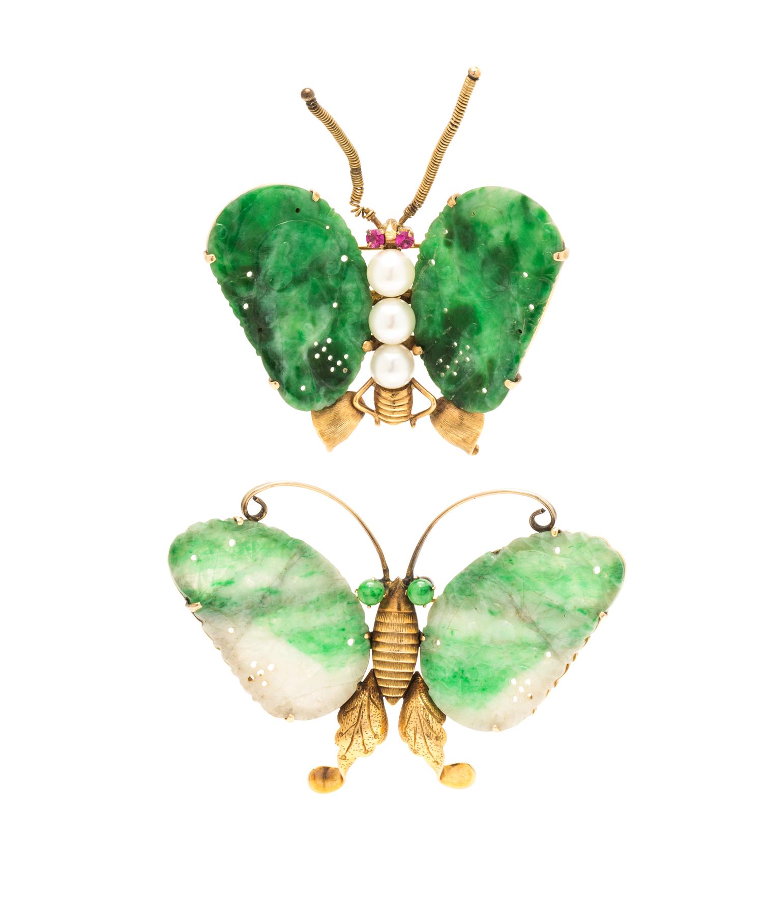 A Collection of 14 Karat Yellow Gold, Jade, Cultured Pearl and Ruby Butterfly Brooches, 7.60 dwts.