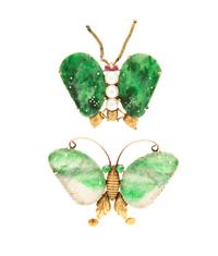 A Collection of 14 Karat Yellow Gold, Jade, Cultured Pearl and Ruby Butterfly Brooches, 7.60 dwts.