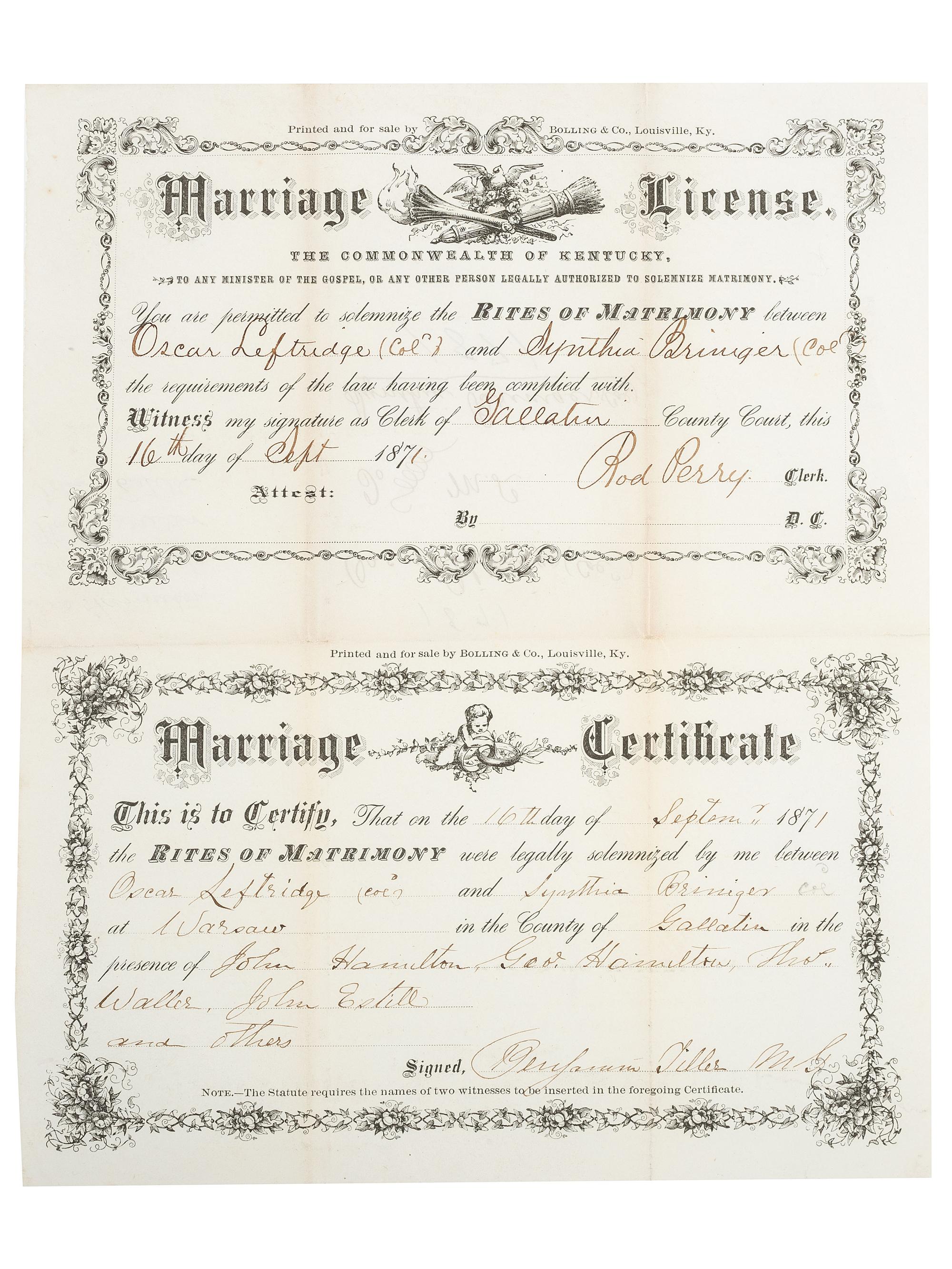 [CIVIL WAR] -- [RECONSTRUCTION]. 1871 Kentucky Marriage License and Certificate for formerly enslaved man and woman, incl. 117th US Colored Troop Pvt. Oscar Leftridge.