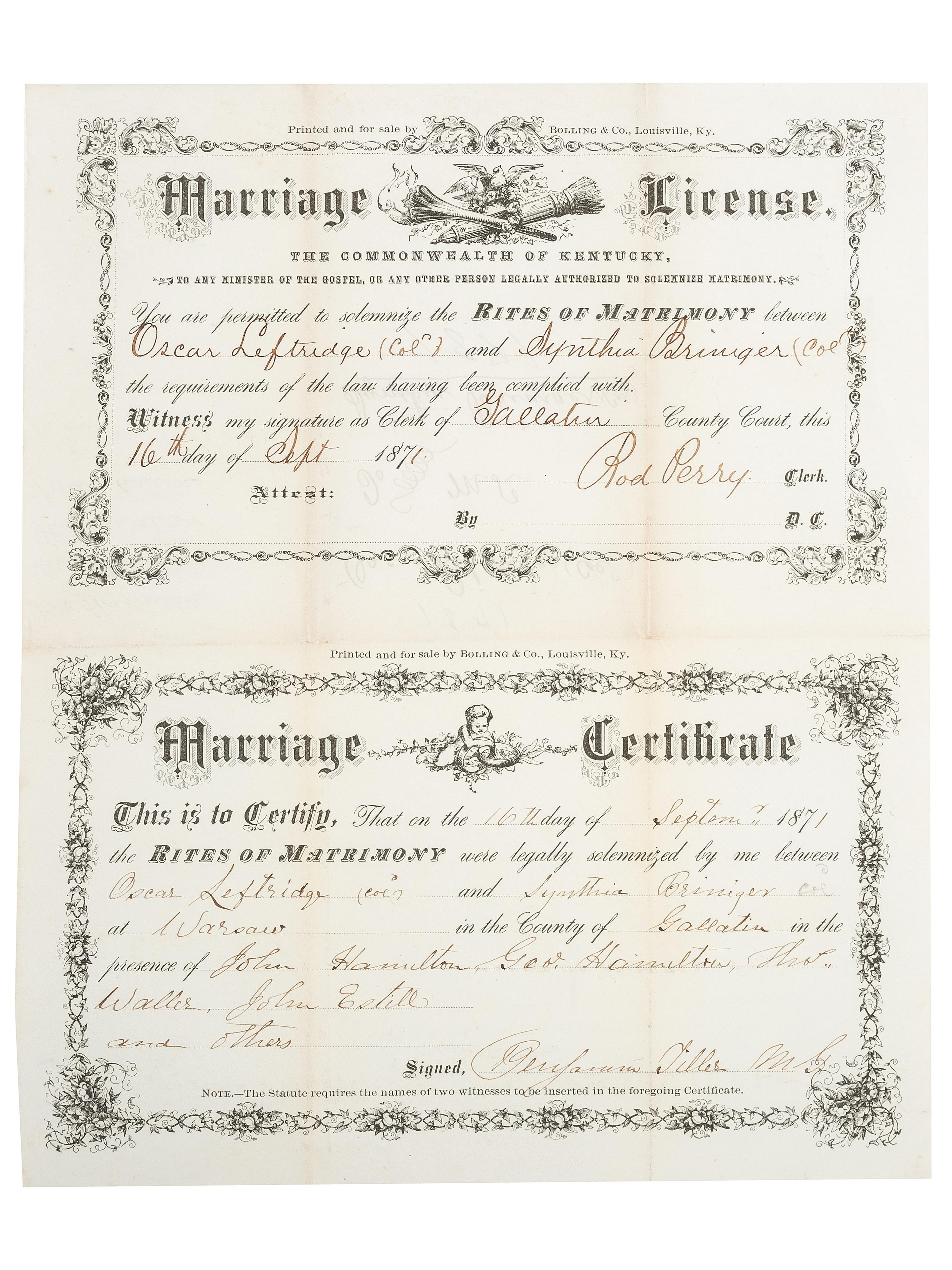 [CIVIL WAR] -- [RECONSTRUCTION]. 1871 Kentucky Marriage License and Certificate for formerly enslaved man and woman, incl. 117th US Colored Troop Pvt. Oscar Leftridge.