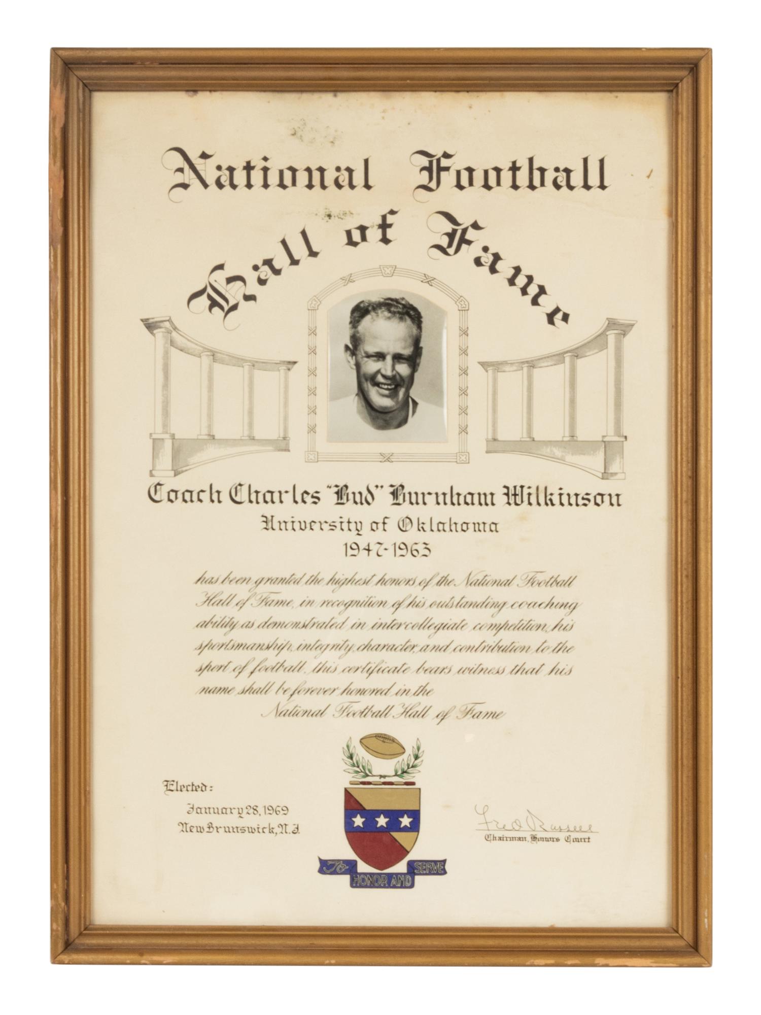 A Historically Significant 1969 College Football Hall of Fame Award Presented to Oklahoma Coach Bud Wilkinson